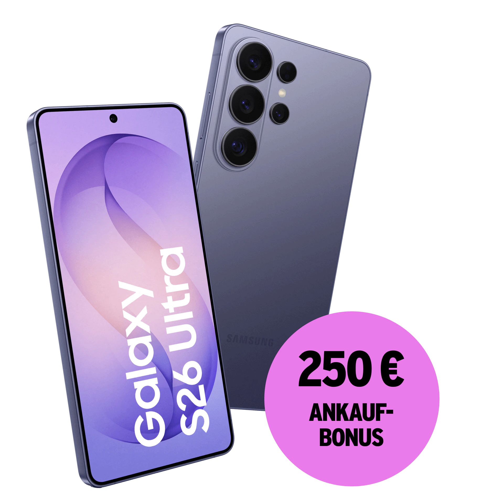 Schräge Vorder- und Rückansicht Samsung Galaxy S26 Ultra Violett. 250 € Ankaufbonus.
