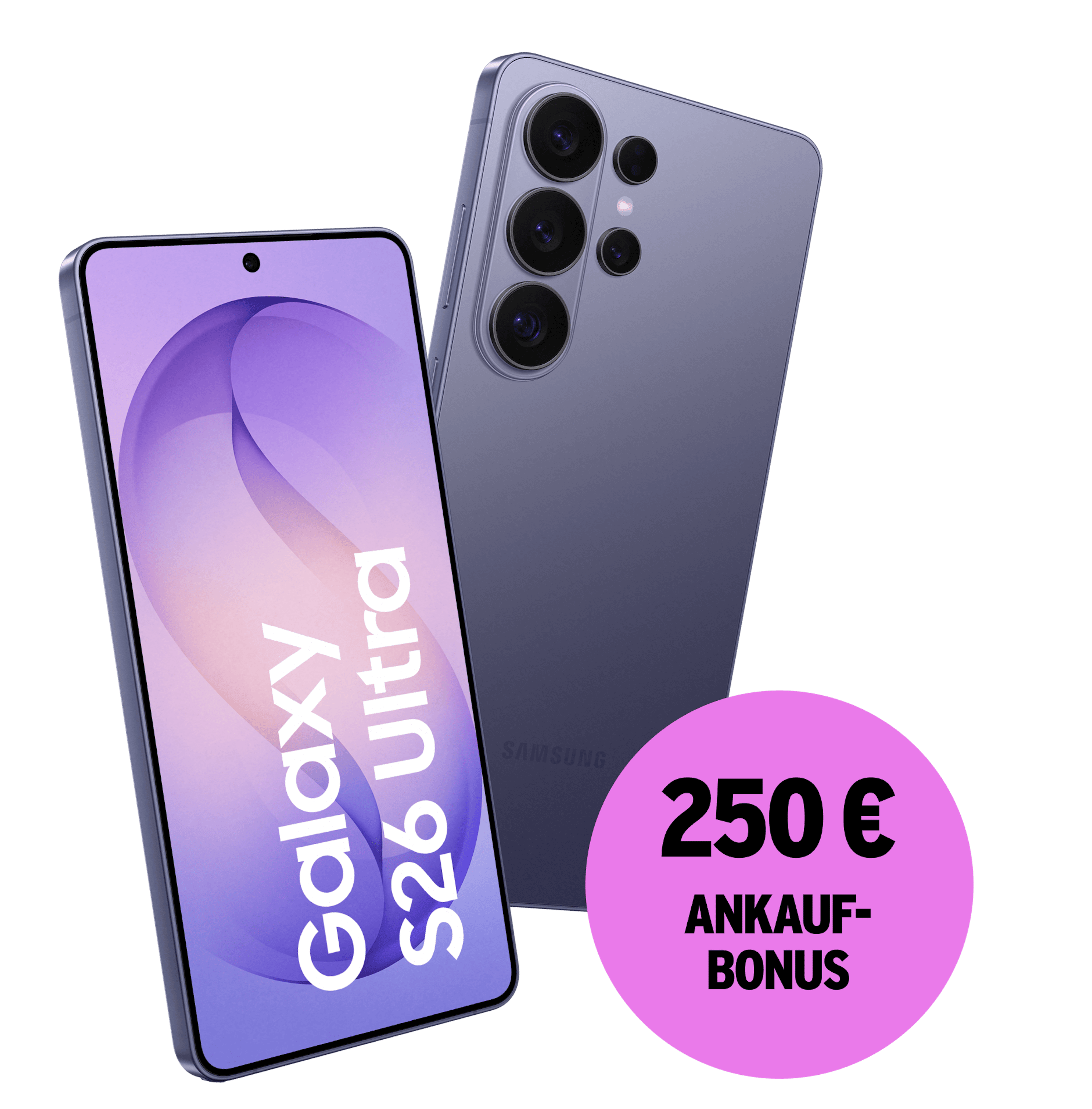 Schräge Vorder- und Rückansicht Samsung Galaxy S26 Ultra Violett. 250 € Ankaufbonus.