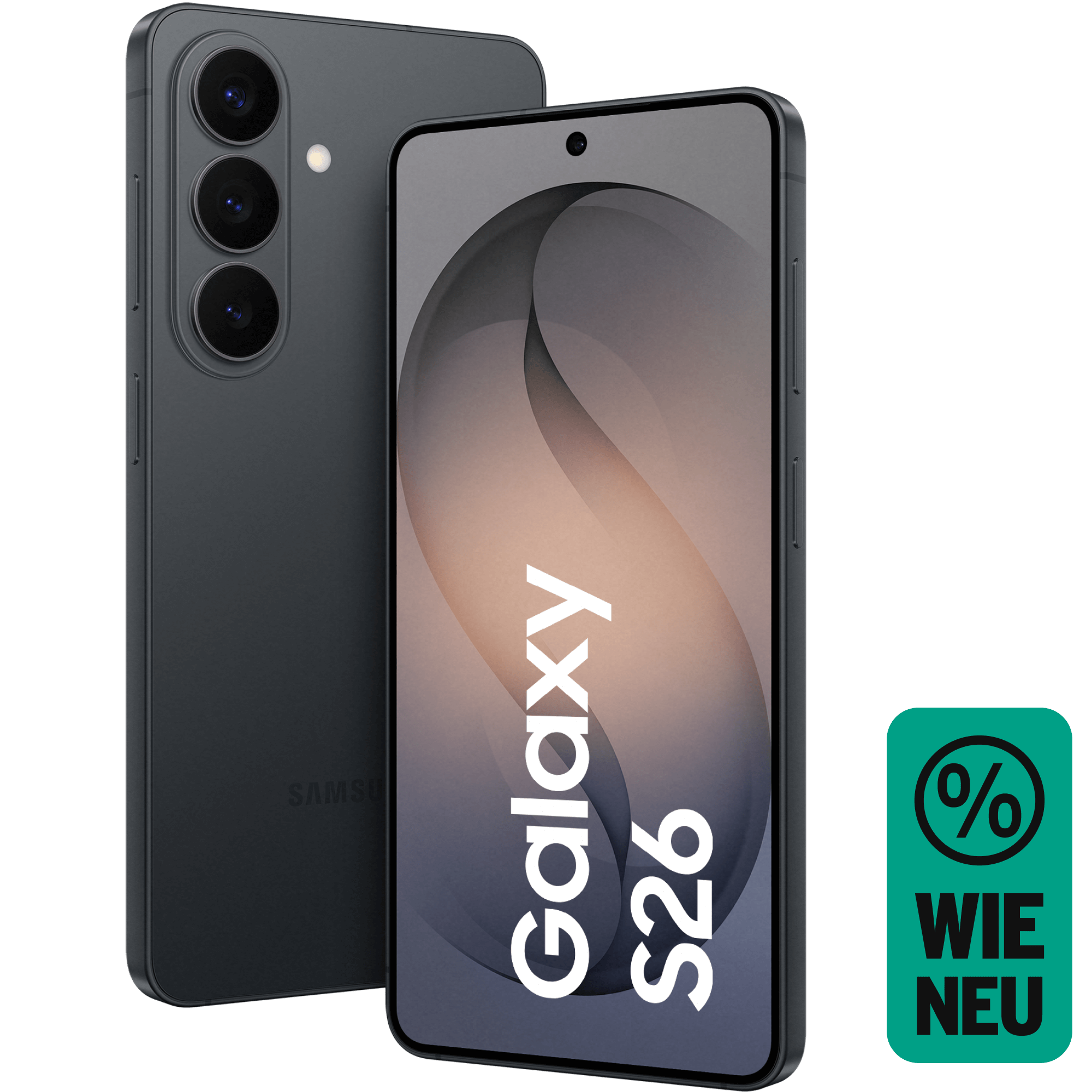 Schräge Vorder- und Rückansicht Samsung Galaxy S26 Schwarz. Wie neu.