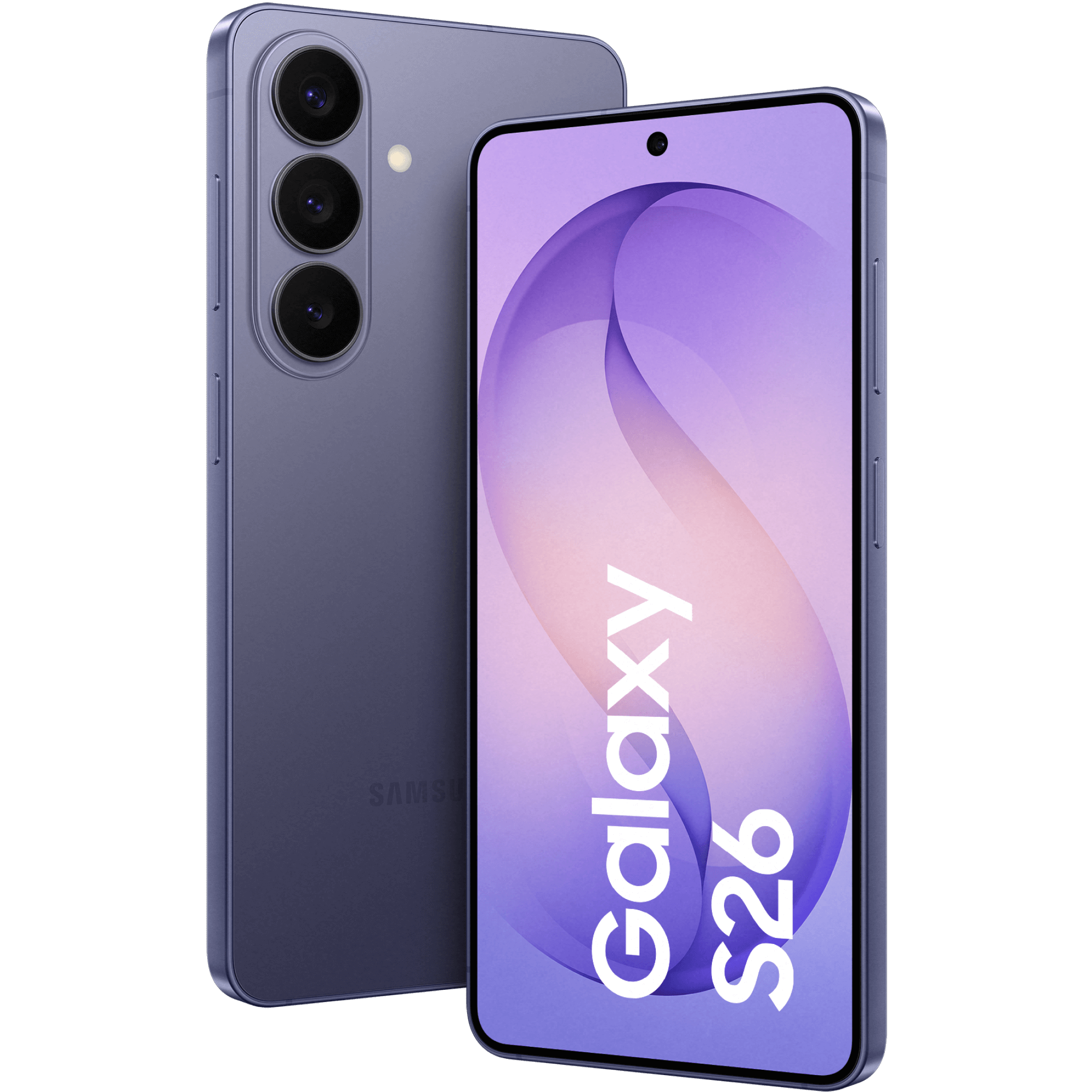 Schräge Vorder- und Rückansicht Samsung Galaxy S26 Violett.