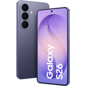 Schräge Vorder- und Rückansicht Samsung Galaxy S26 Violett.