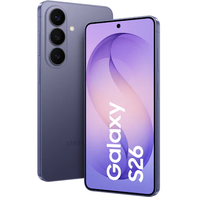 Schräge Vorder- und Rückansicht Samsung Galaxy S26 Violett.