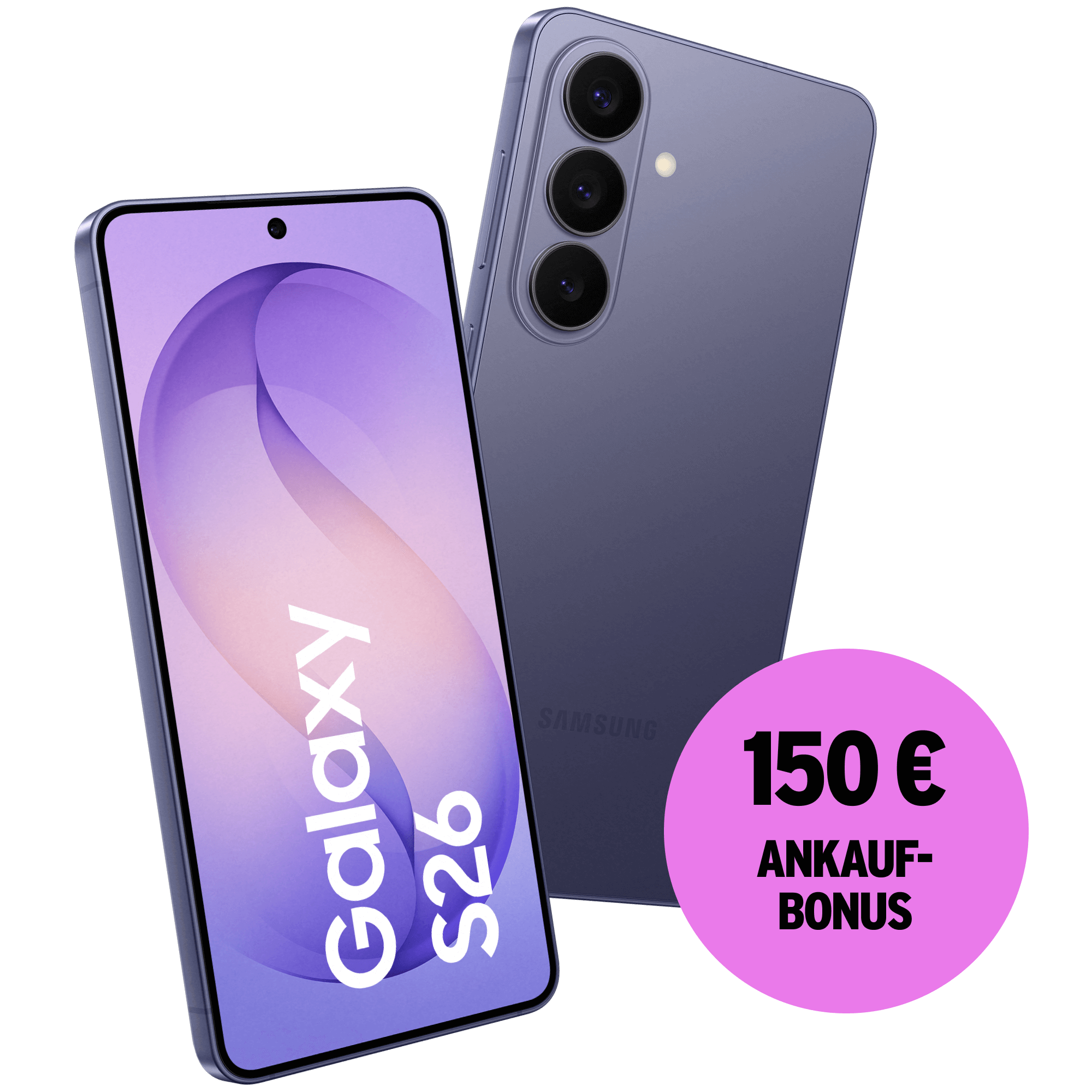 Schräge Vorder- und Rückansicht Samsung Galaxy S26 Violett. 150 € Ankaufbonus.