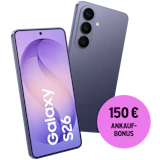 Schräge Vorder- und Rückansicht Samsung Galaxy S26 Violett. 150 € Ankaufbonus.