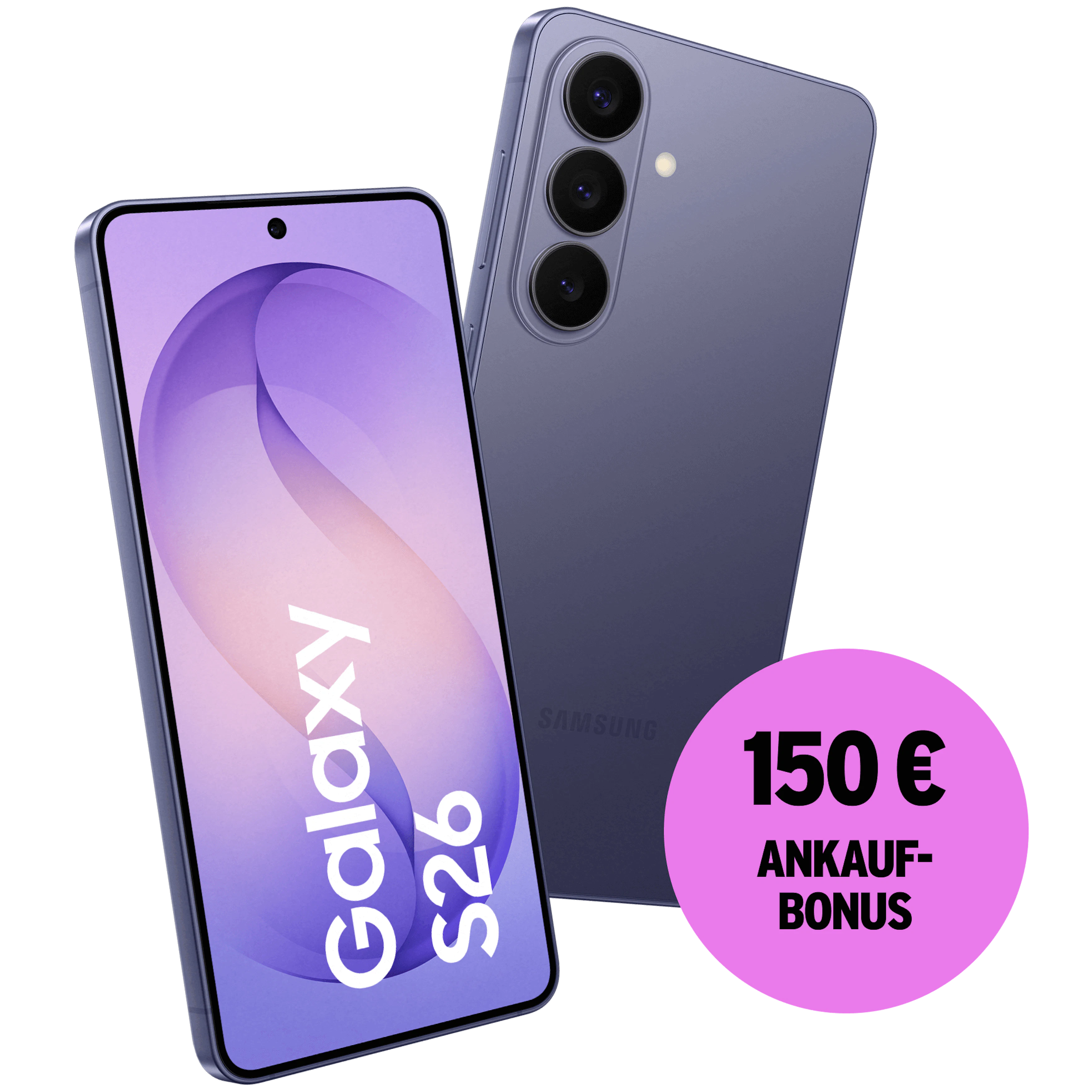 Schräge Vorder- und Rückansicht Samsung Galaxy S26 Violett. 150 € Ankaufbonus.