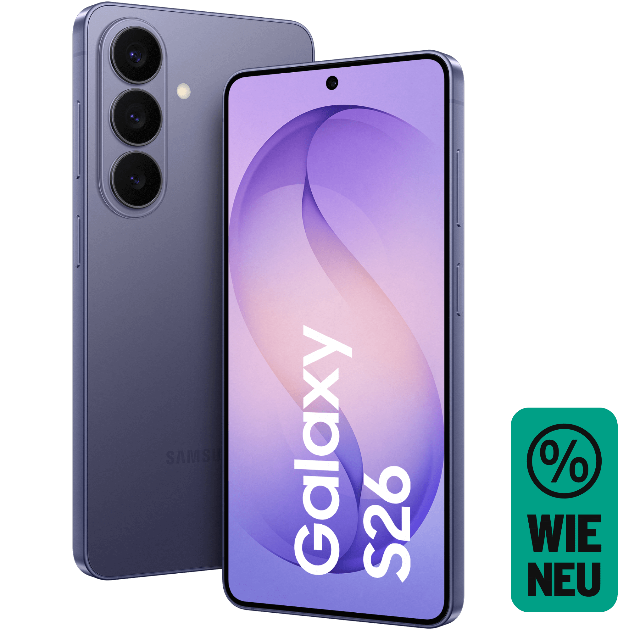 Schräge Vorder- und Rückansicht Samsung Galaxy S26 Violett. Wie neu.