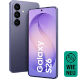 Schräge Vorder- und Rückansicht Samsung Galaxy S26 Violett. Wie neu.