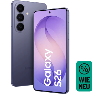 Schräge Vorder- und Rückansicht Samsung Galaxy S26 Violett. Wie neu.