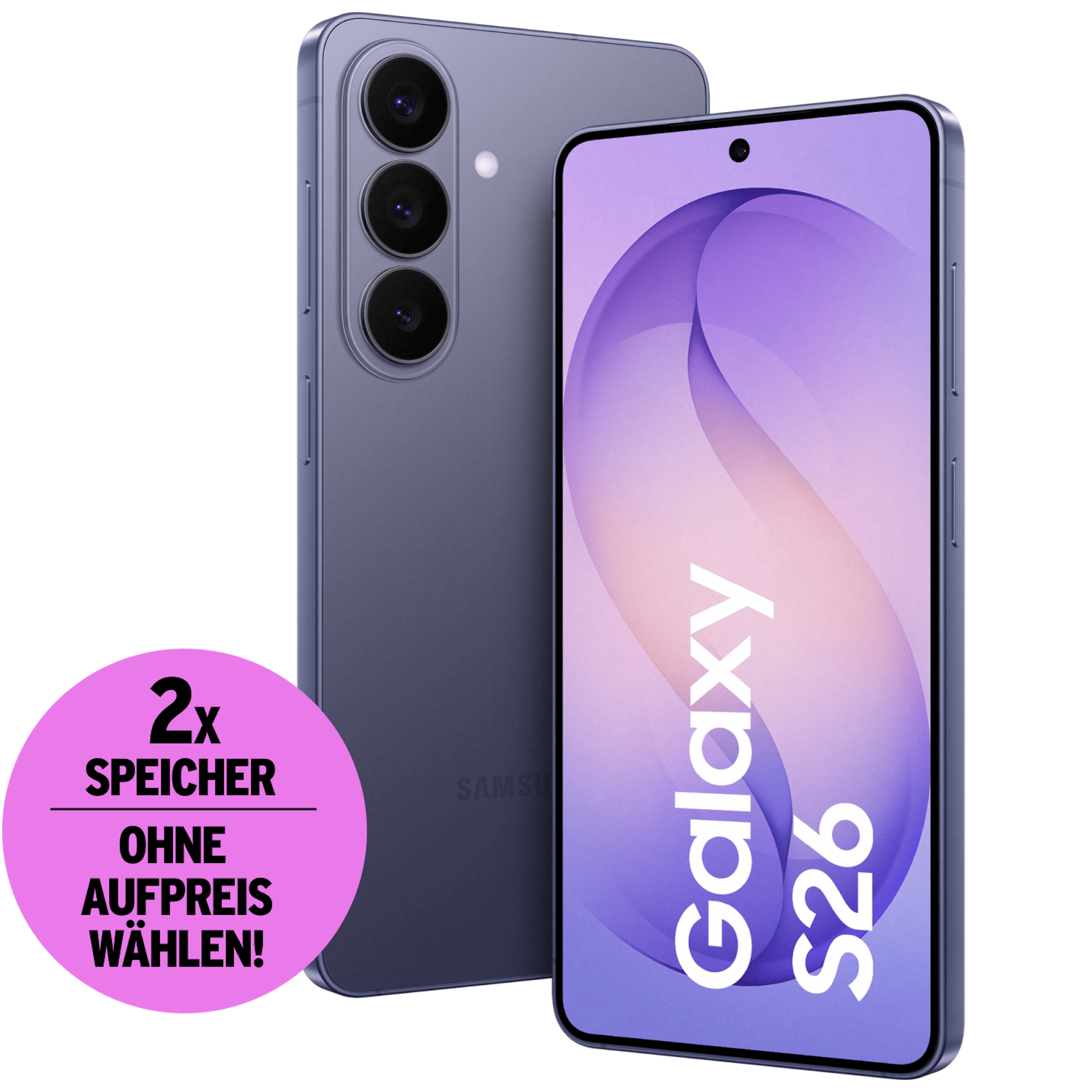 Schräge Vorder- und Rückansicht Samsung Galaxy S26 Violett. Doppelten Speicher ohne Aufpreis wählen.