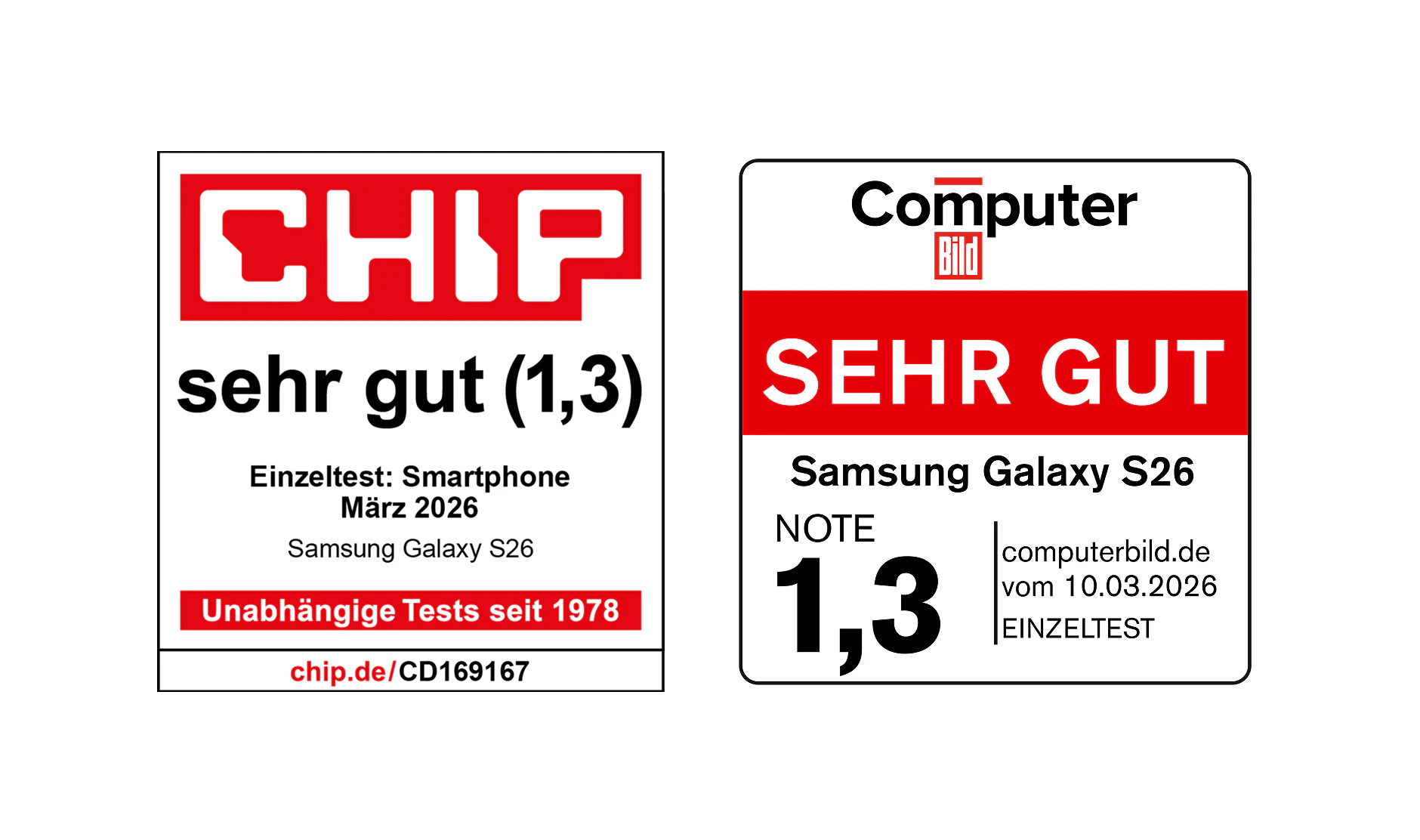 Testsiegel für das Samsung Galaxy S26: CHIP "sehr gut (1,3)" und Computer Bild "SEHR GUT (Note 1,3)".