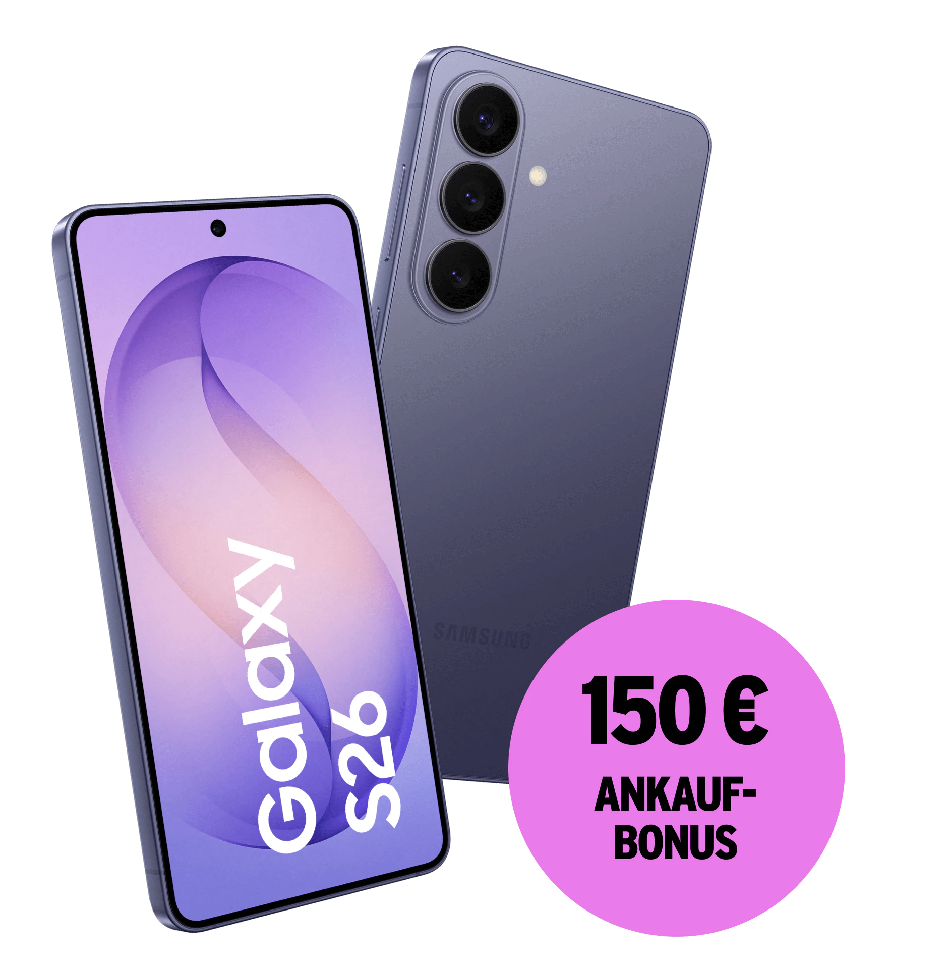 Schräge Vorder- und Rückansicht Samsung Galaxy S26 Violett. 150 € Ankaufbonus.