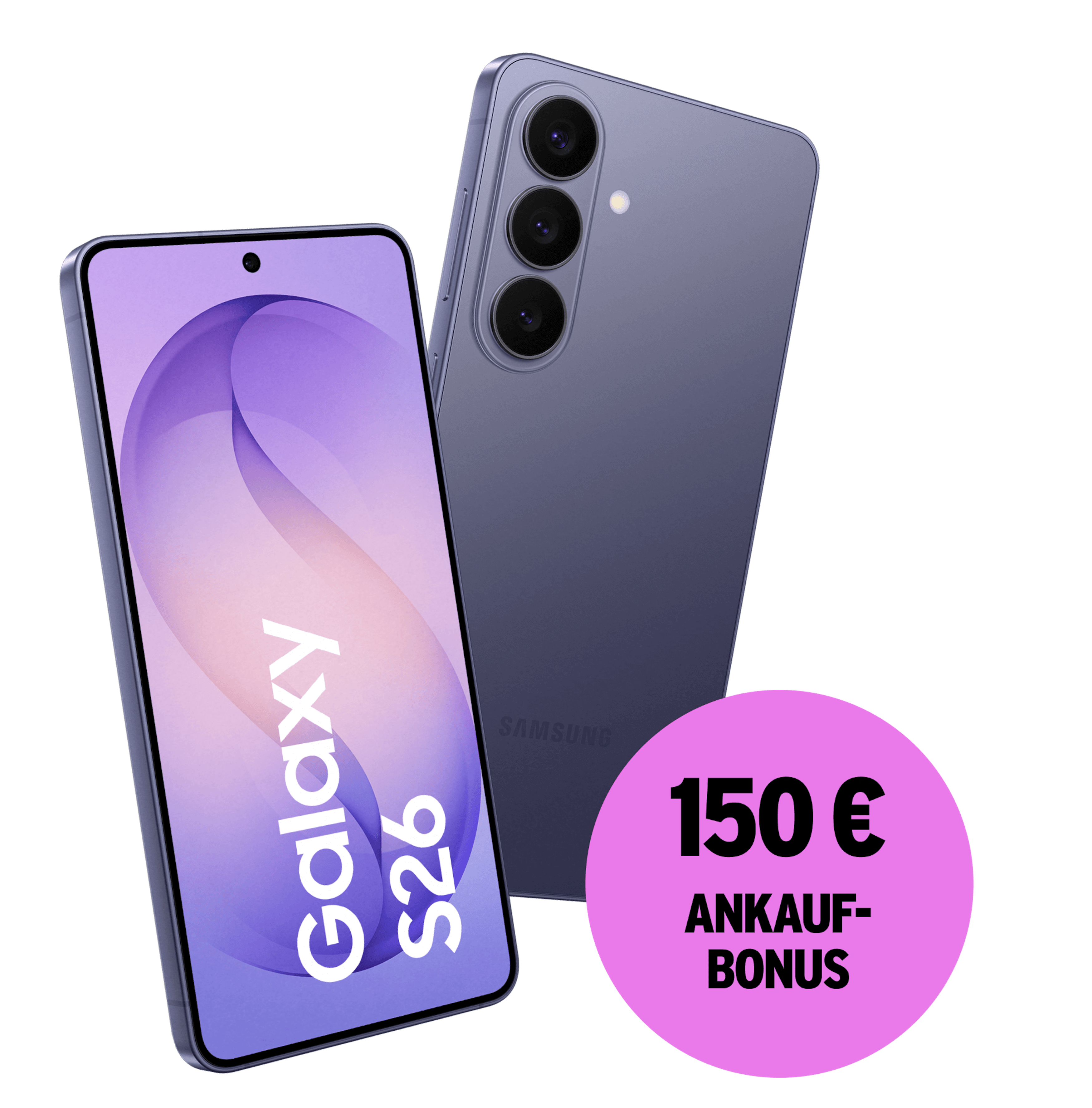 Schräge Vorder- und Rückansicht Samsung Galaxy S26 Violett. 150 € Ankaufbonus.