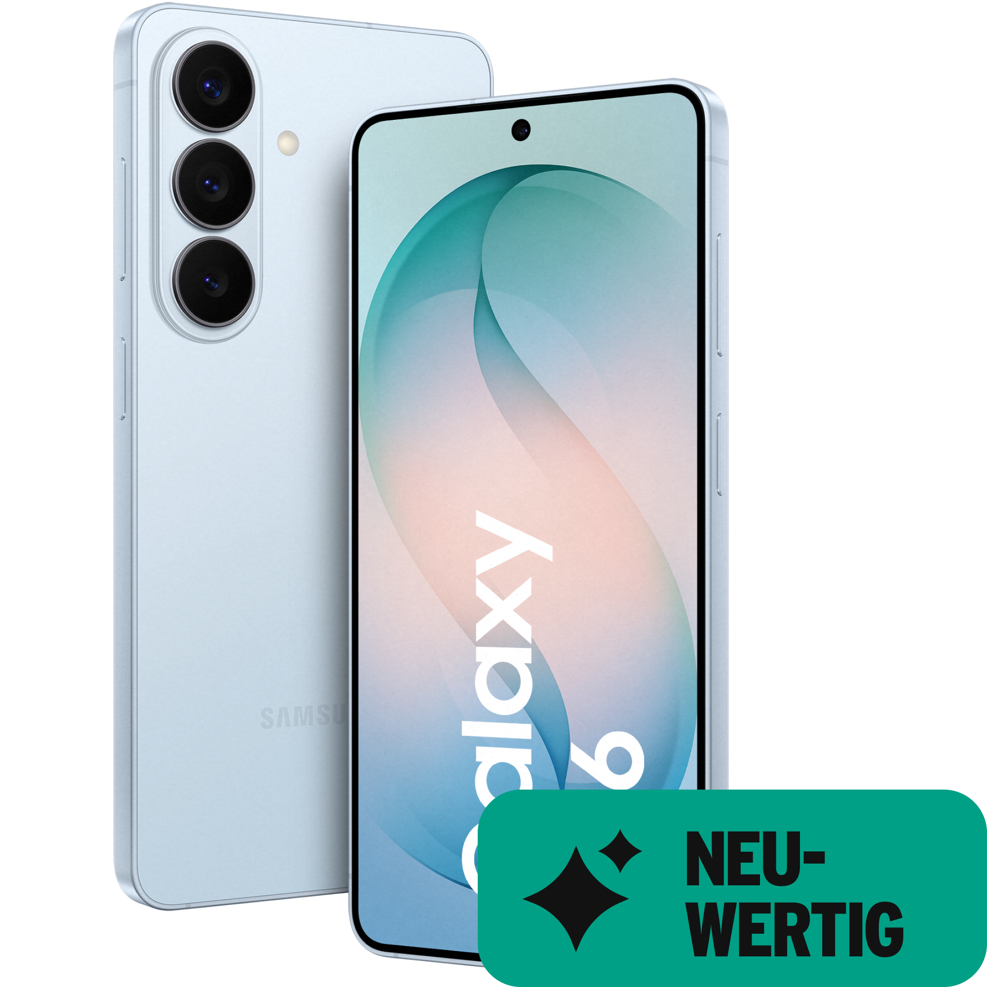 Schräge Vorder- und Rückansicht Samsung Galaxy S26 Himmelblau. Neuwertig.