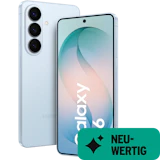 Schräge Vorder- und Rückansicht Samsung Galaxy S26 Himmelblau. Neuwertig.