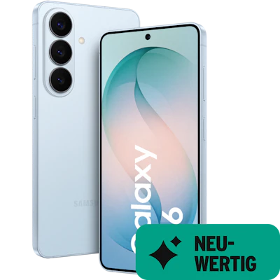 Schräge Vorder- und Rückansicht Samsung Galaxy S26 Himmelblau. Neuwertig.