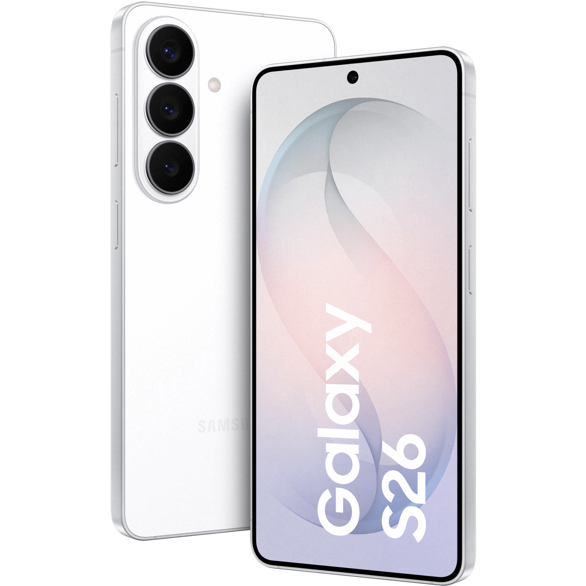 Schräge Vorder- und Rückansicht Samsung Galaxy S26 Weiß.