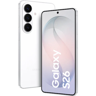 Schräge Vorder- und Rückansicht Samsung Galaxy S26 Weiß.