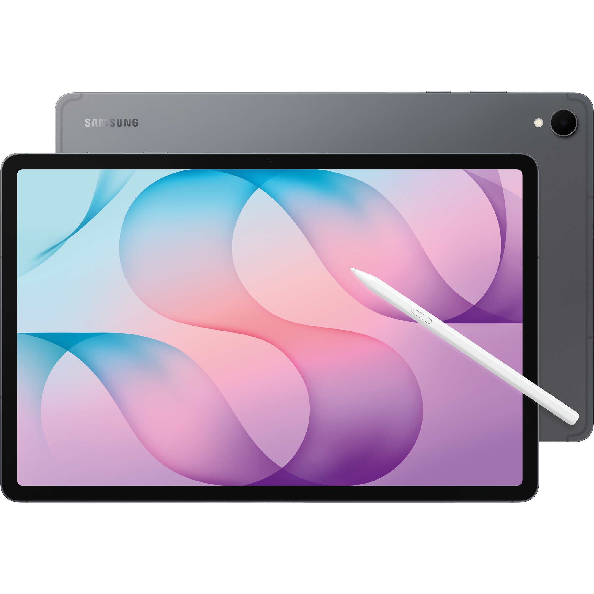 Vorder- und Rückansicht mit S-Pen vom Samsung Galaxy Tab S12+ 5G in grau.