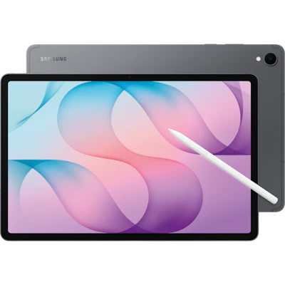 Vorder- und Rückansicht mit S-Pen vom Samsung Galaxy Tab S12+ 5G in grau.