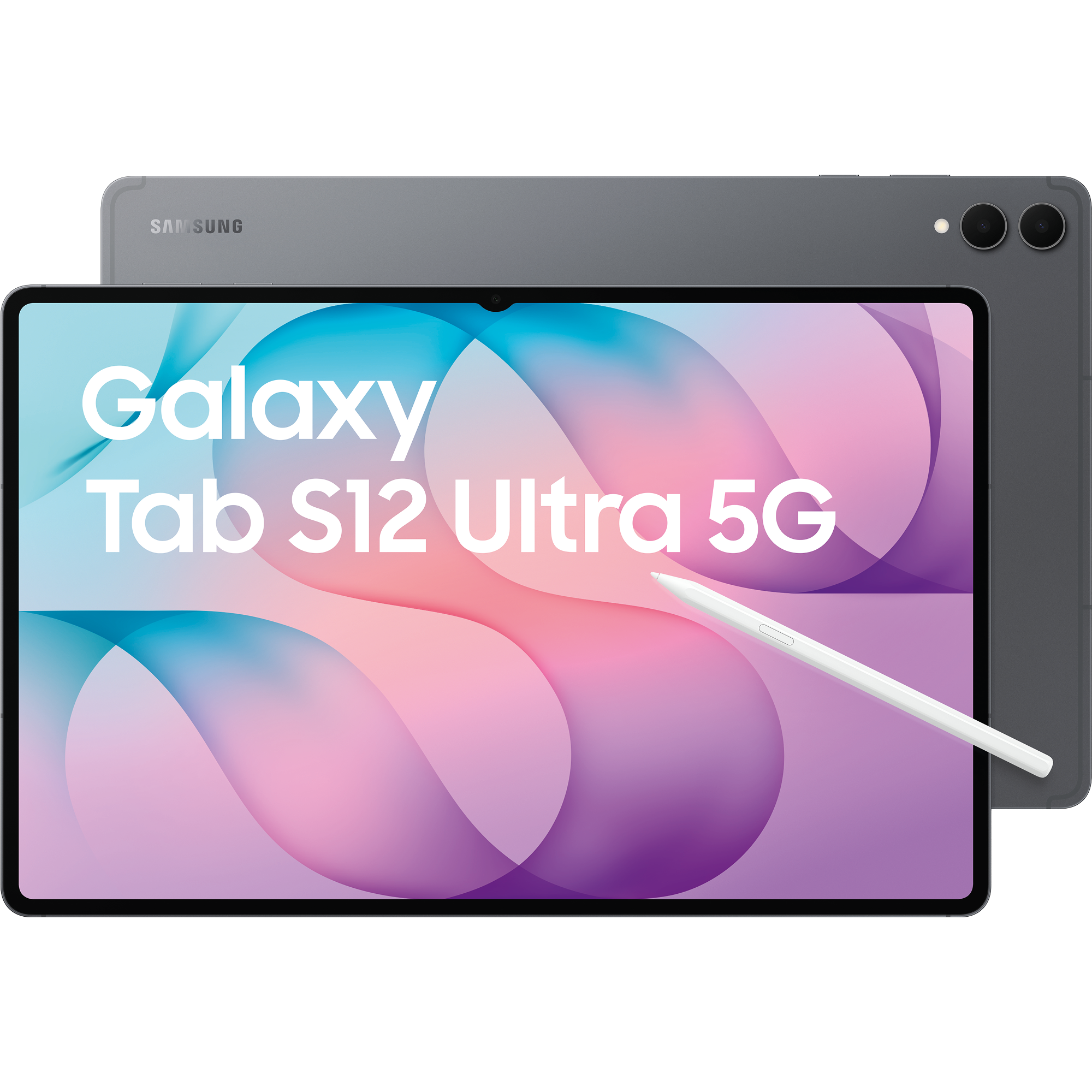 Vorder- und Rückansicht mit S-Pen vom Samsung Galaxy Tab S12 Ultra 5G in grau.