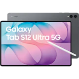 Vorder- und Rückansicht mit S-Pen vom Samsung Galaxy Tab S12 Ultra 5G in grau.