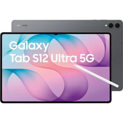 Vorder- und Rückansicht mit S-Pen vom Samsung Galaxy Tab S12 Ultra 5G in grau.