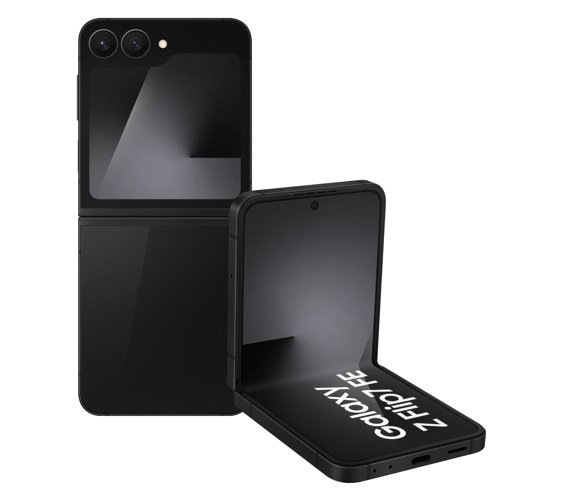 Geöffnete Rück- und Vorderansicht Samsung Galaxy Z Flip7 FE Schwarz.