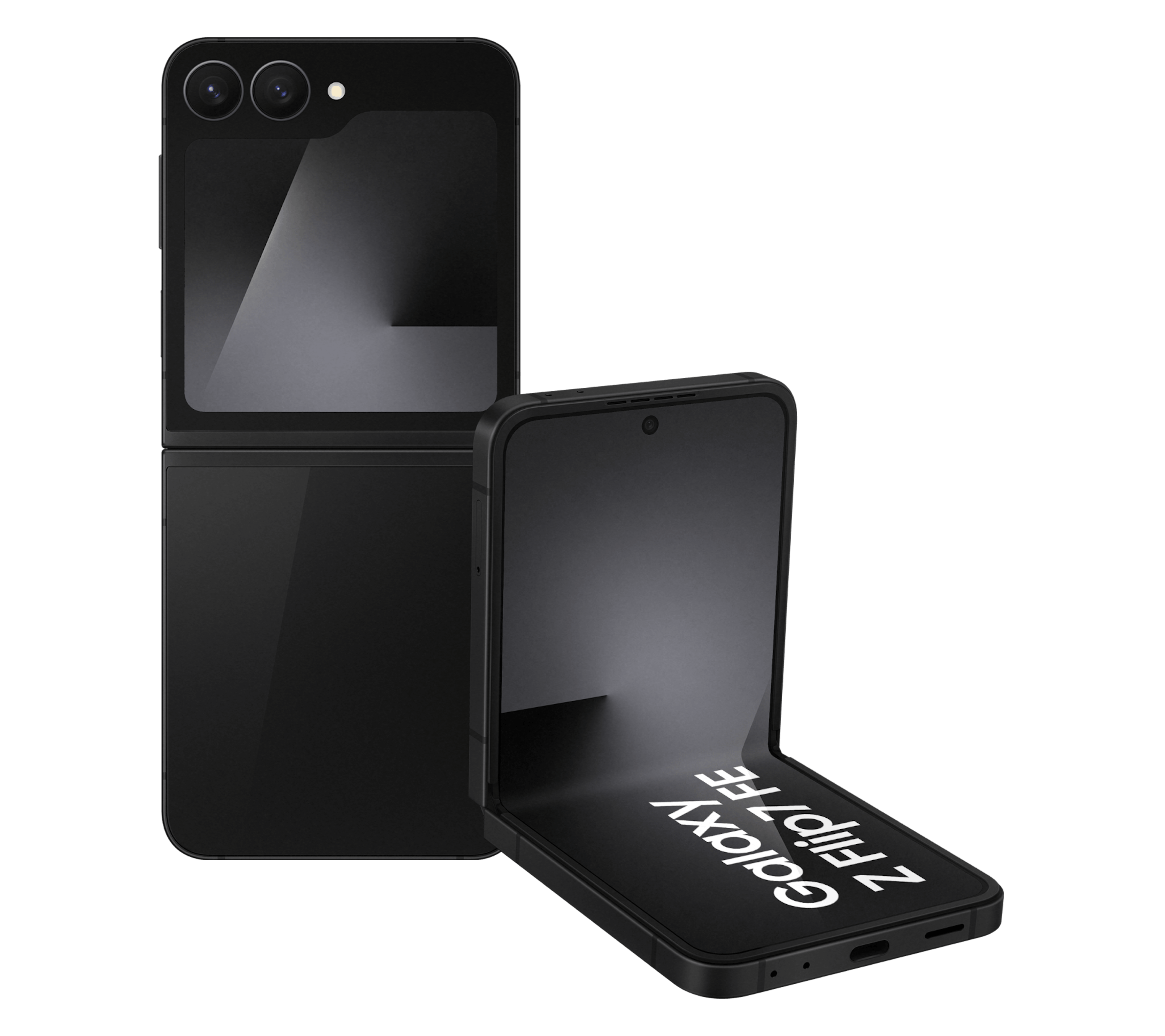 Highlight Bild vom Gerät Geöffnete Rück- und Vorderansicht Samsung Galaxy Z Flip7 FE Schwarz.