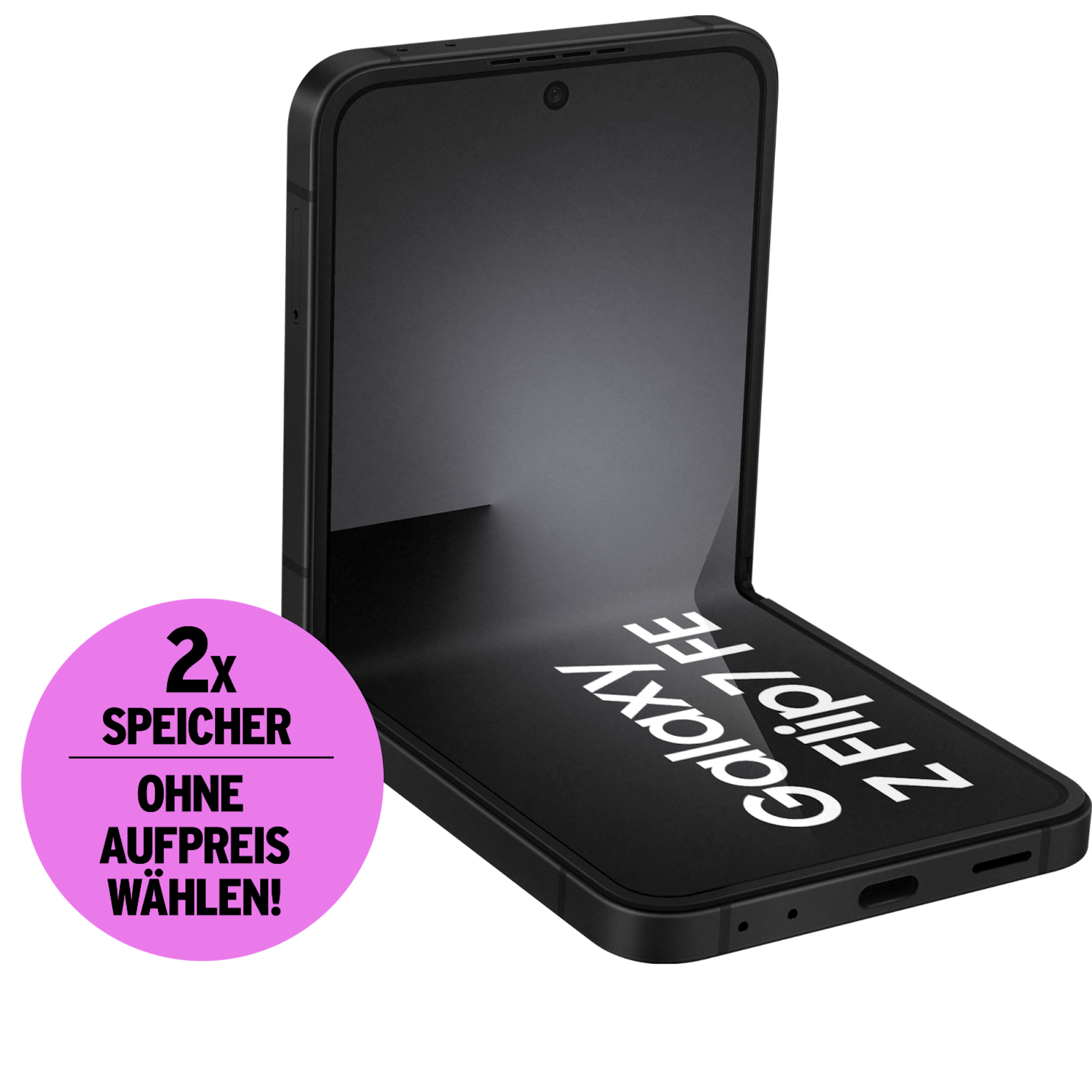 Geöffnete Vorderansicht Samsung Galaxy Z Flip7 FE Schwarz. Doppelten Speicher ohne Aufpreis sichern.