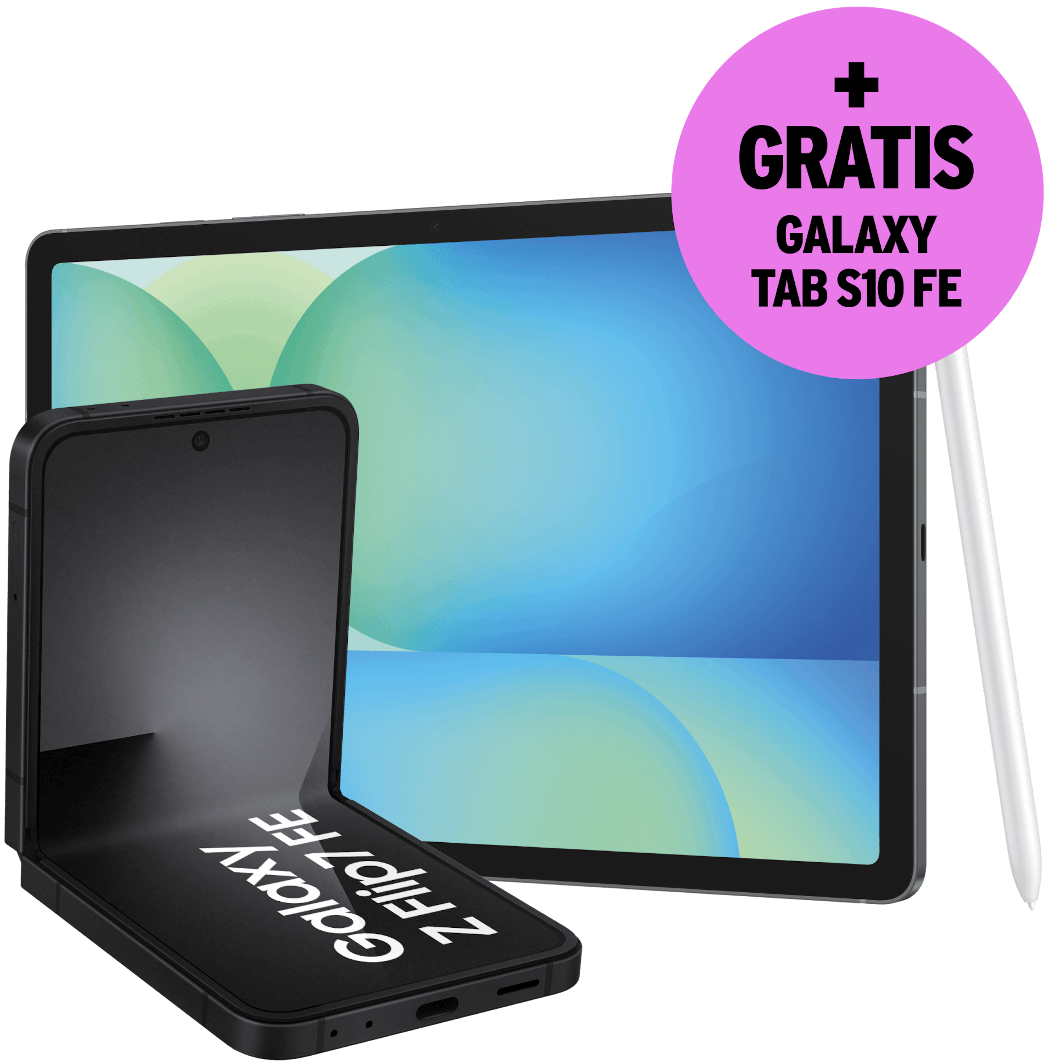 Geöffnete Vorderansicht Samsung Galaxy Z Flip7 FE + Gratis Galaxy Tab S10 FE.