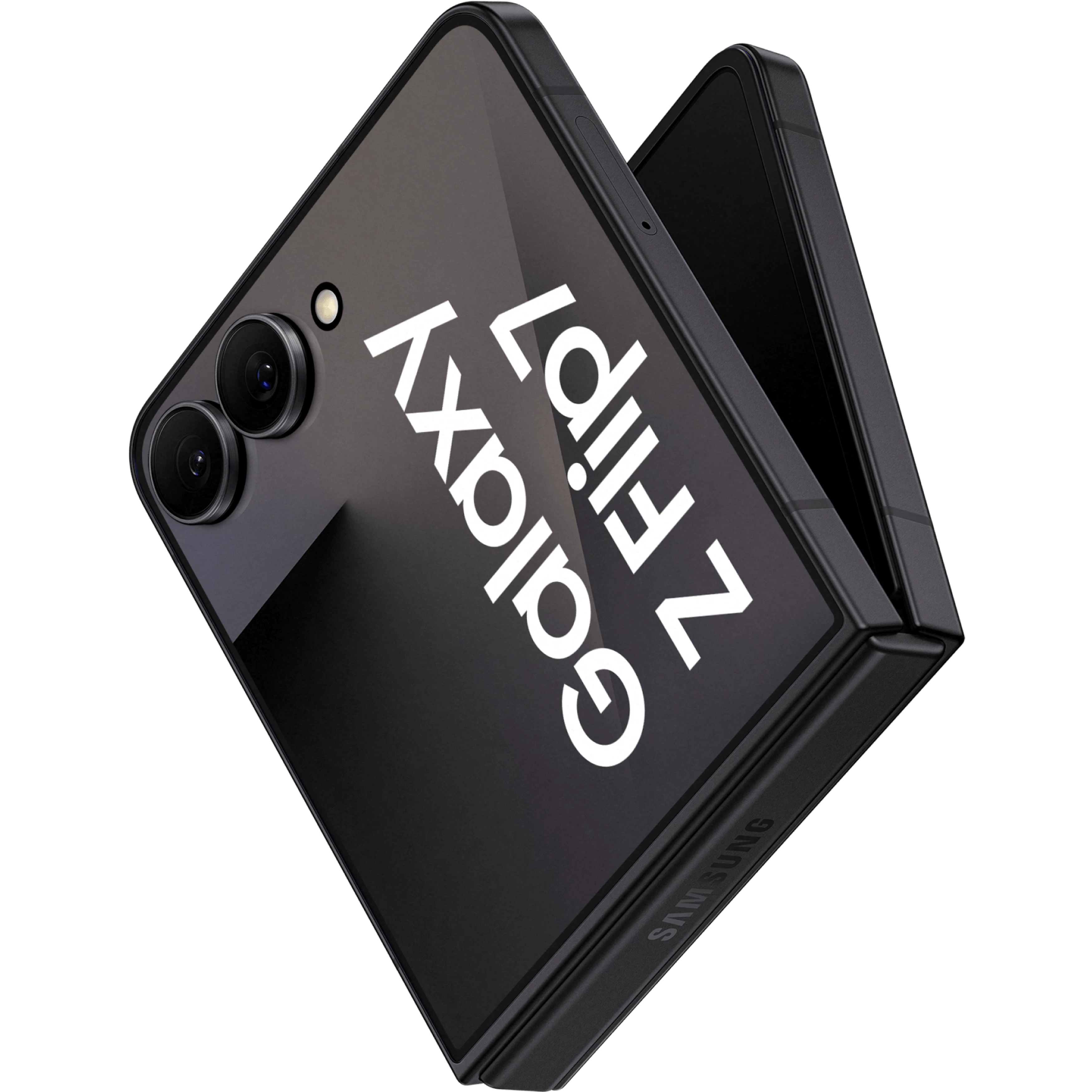 Schräge Geschlossene Rückansicht Samsung Galaxy Z Flip7 Schwarz.
