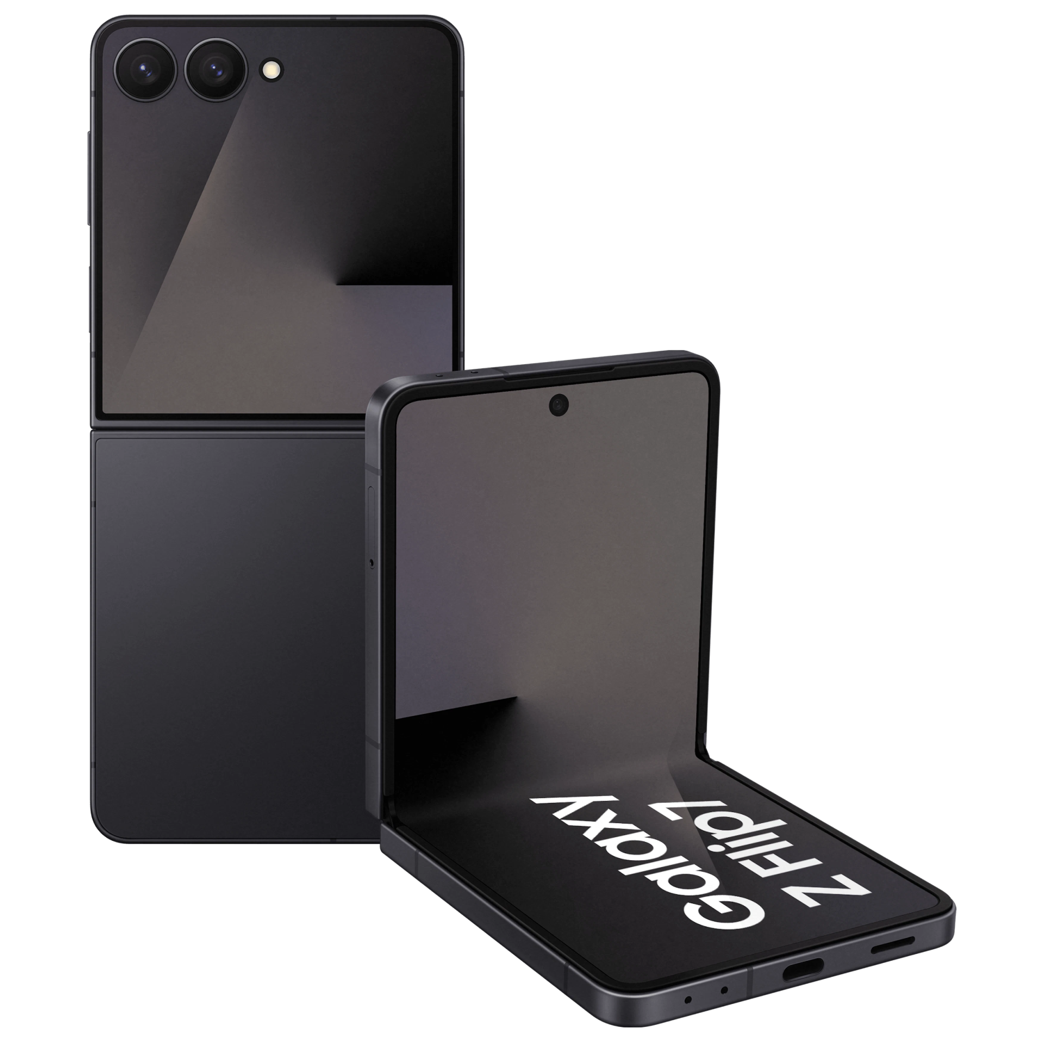 Geöffnete Rück- und Vorderansicht Samsung Galaxy Z Flip7 Schwarz.