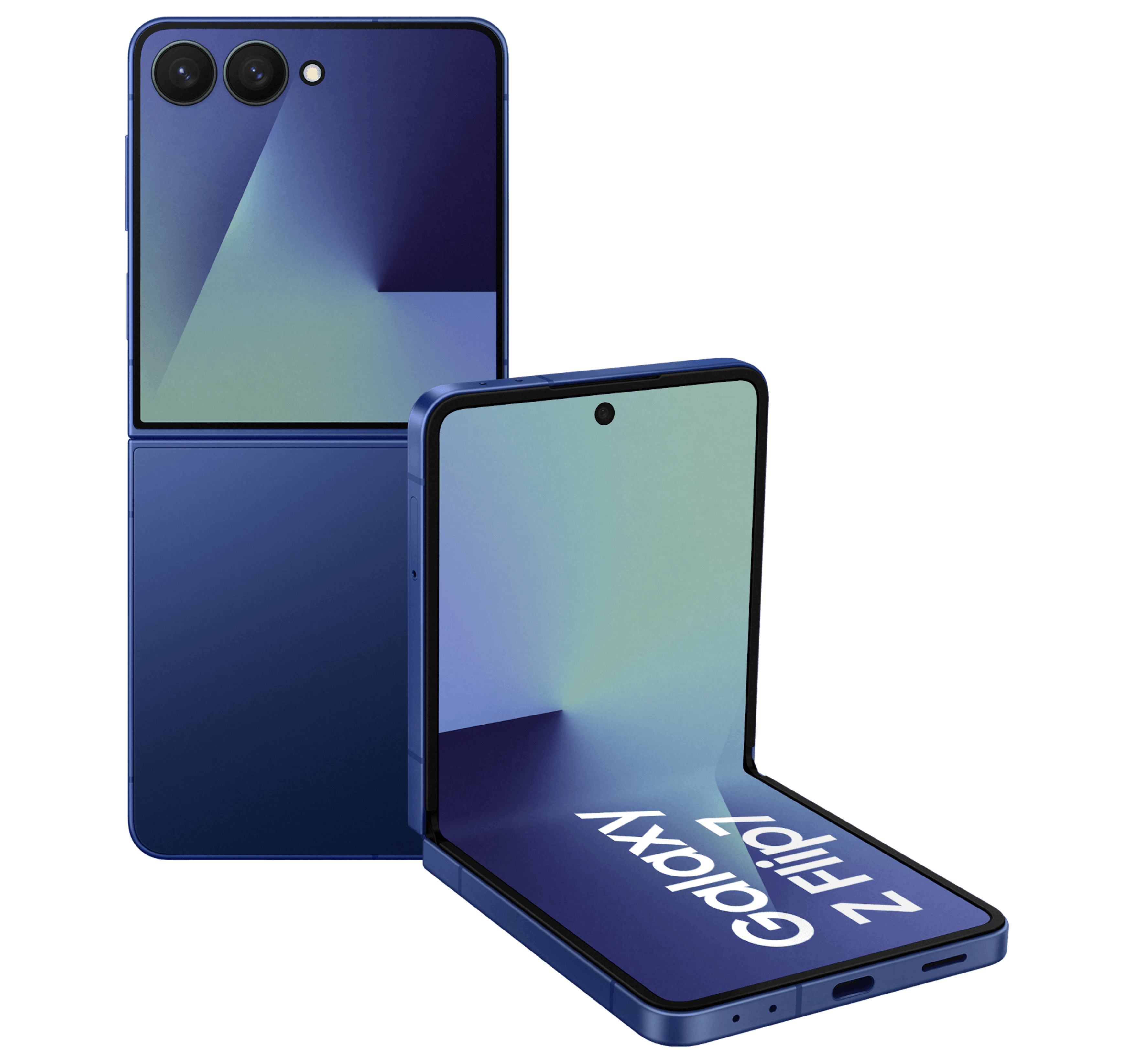 Geöffnete Rück- und Vorderansicht Samsung Galaxy Z Flip7 Blau.