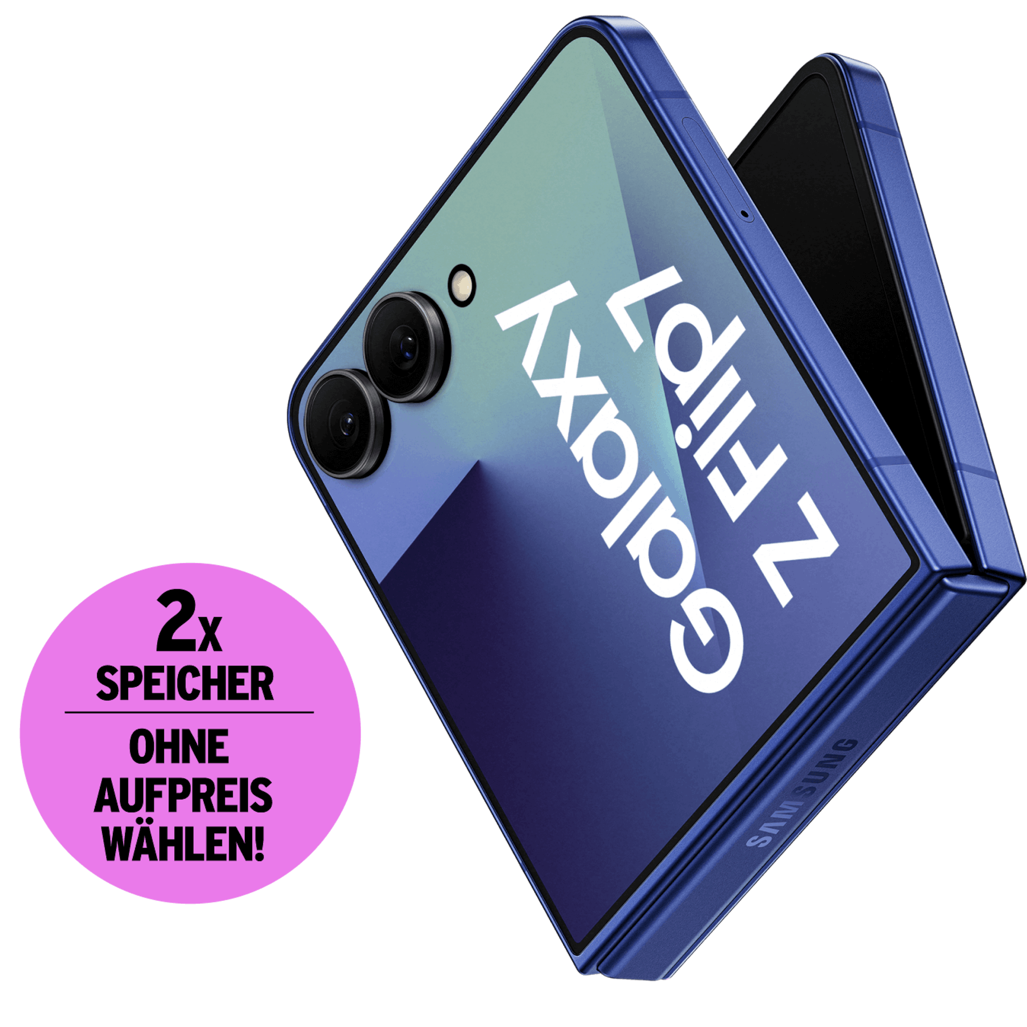 Schräge Geschlossene Rückansicht Samsung Galaxy Z Flip7 Blau. Doppelten Speicher ohne Aufpreis sichern.