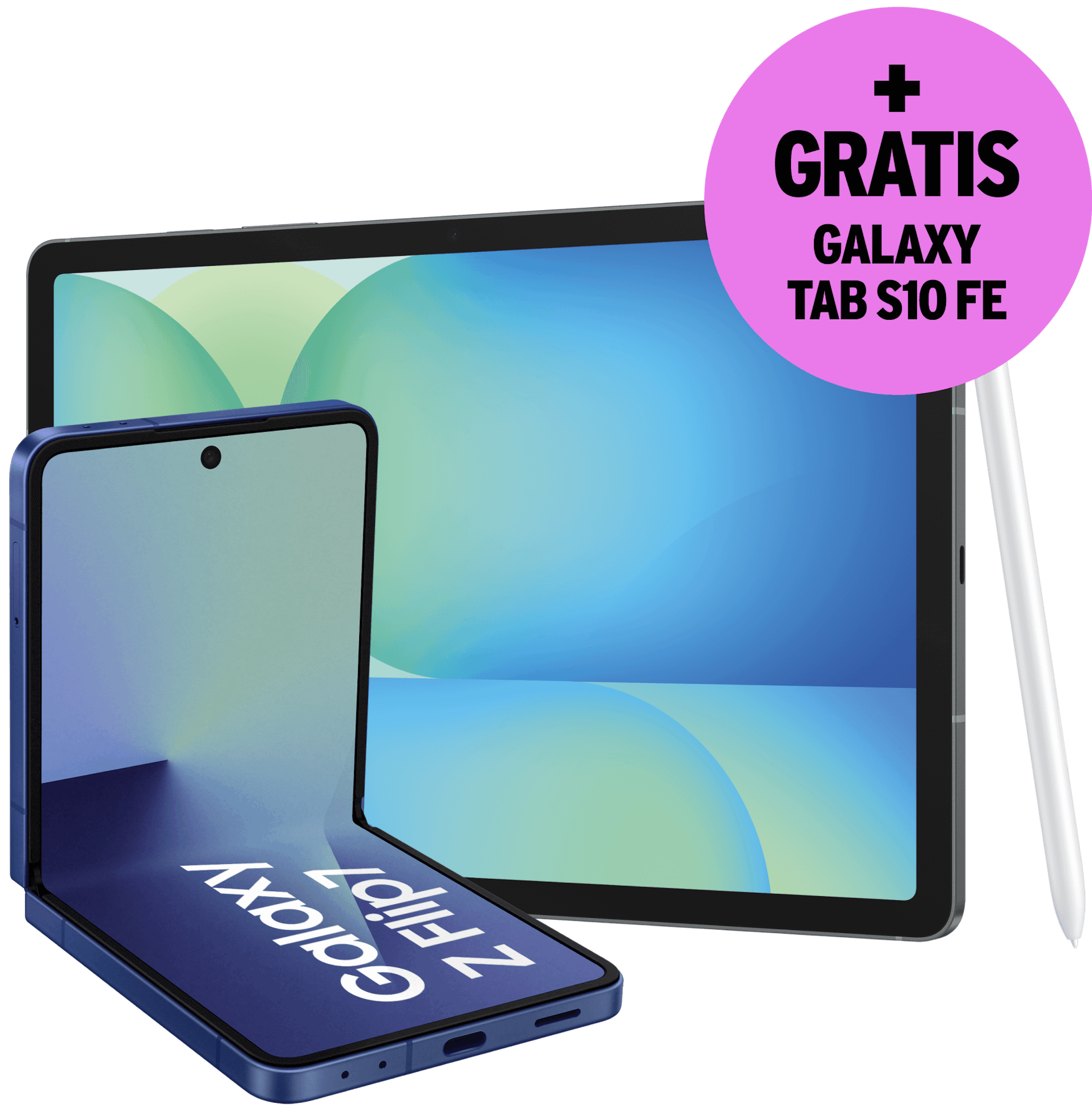 Highlight Bild vom Gerät Geöffnete Vorderansicht Samsung Galaxy Z Flip7 + Gratis Galaxy Tab S10 FE.