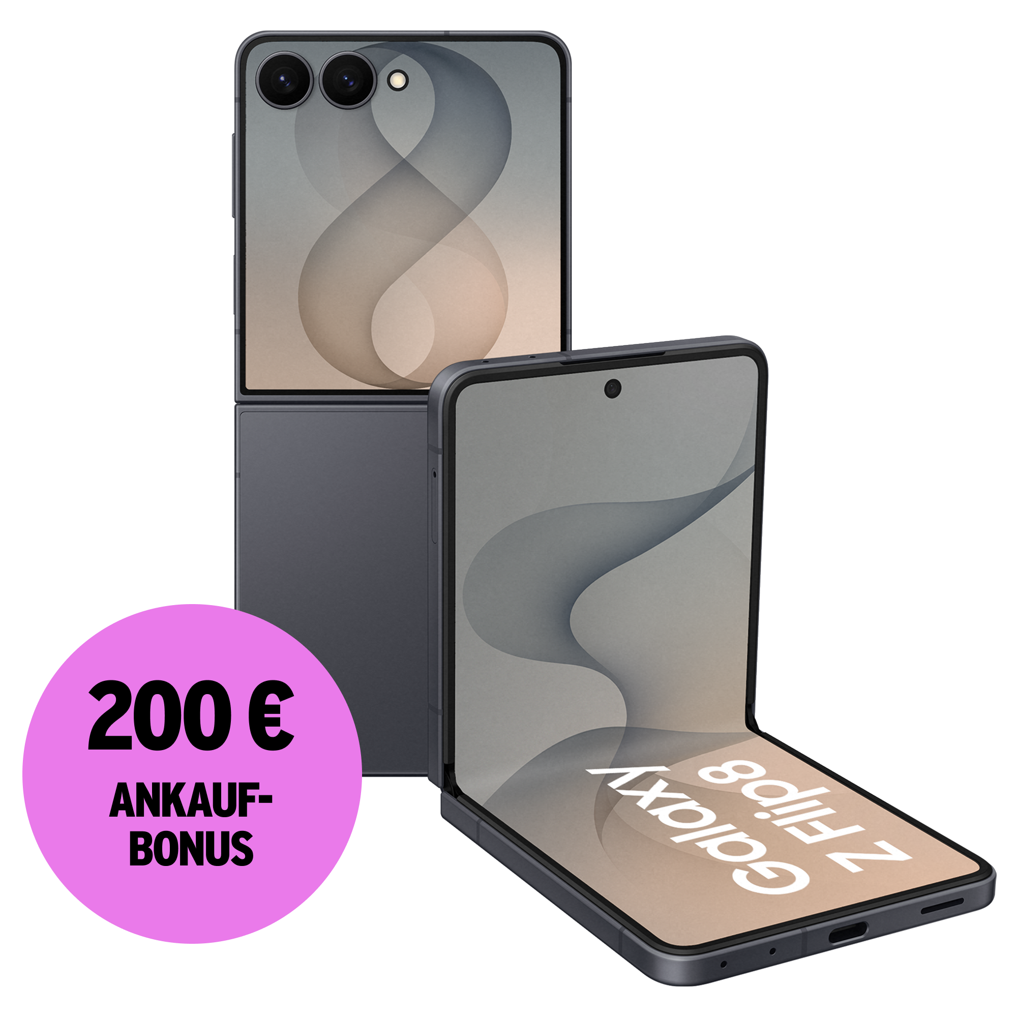 Rück- und Vorderansicht Samsung Galaxy Z Flip8 Graphite. 200 € Ankaufbonus.