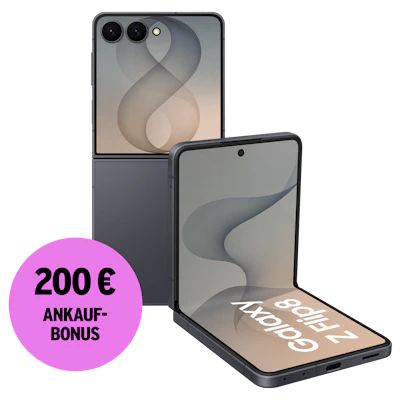Rück- und Vorderansicht Samsung Galaxy Z Flip8 Graphite. 200 € Ankaufbonus.