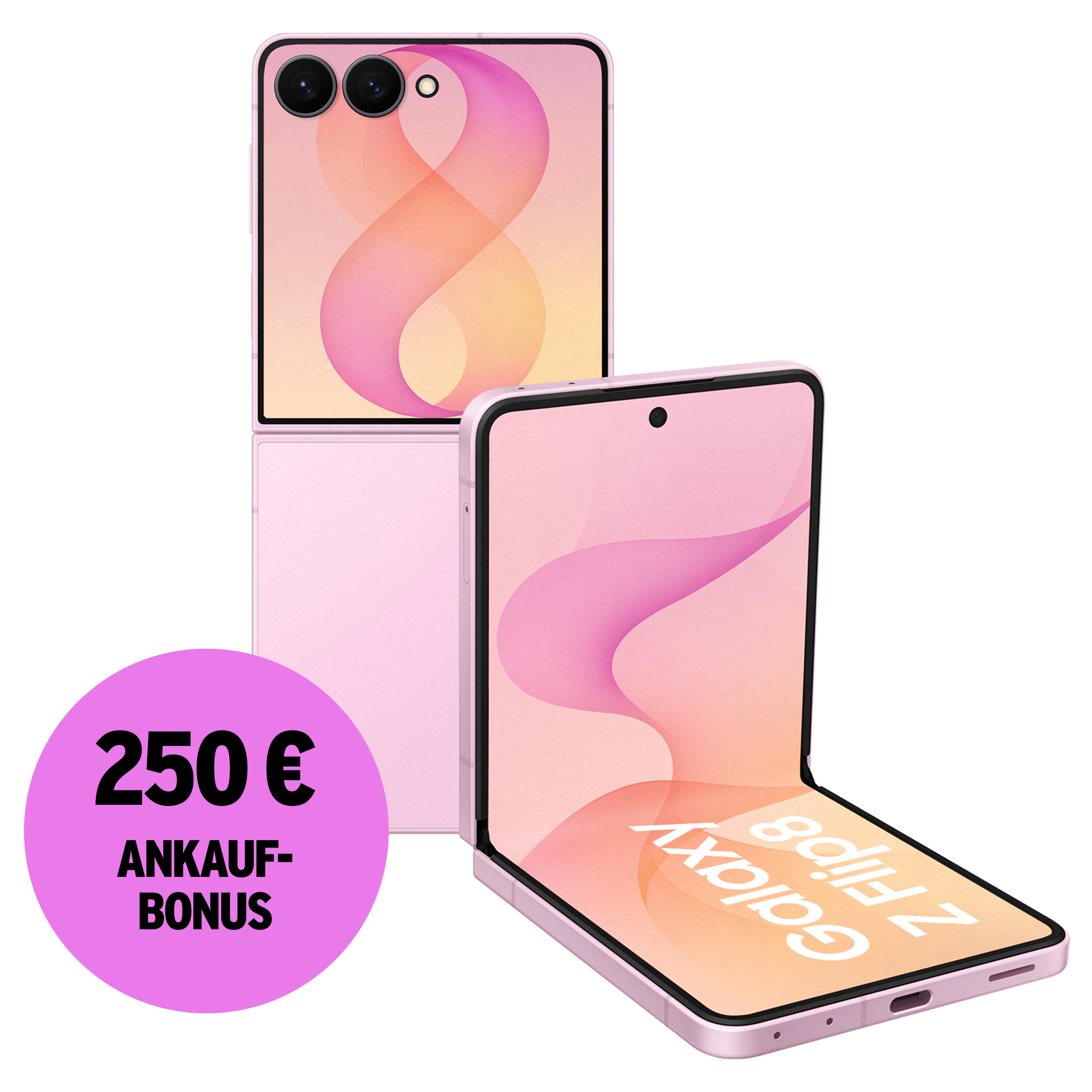 Rück- und Vorderansicht Samsung Galaxy Z Flip8 Pink. 250 € Ankaufbonus.