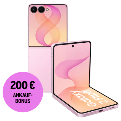 Rück- und Vorderansicht Samsung Galaxy Z Flip8 Pink. 200 € Ankaufbonus.