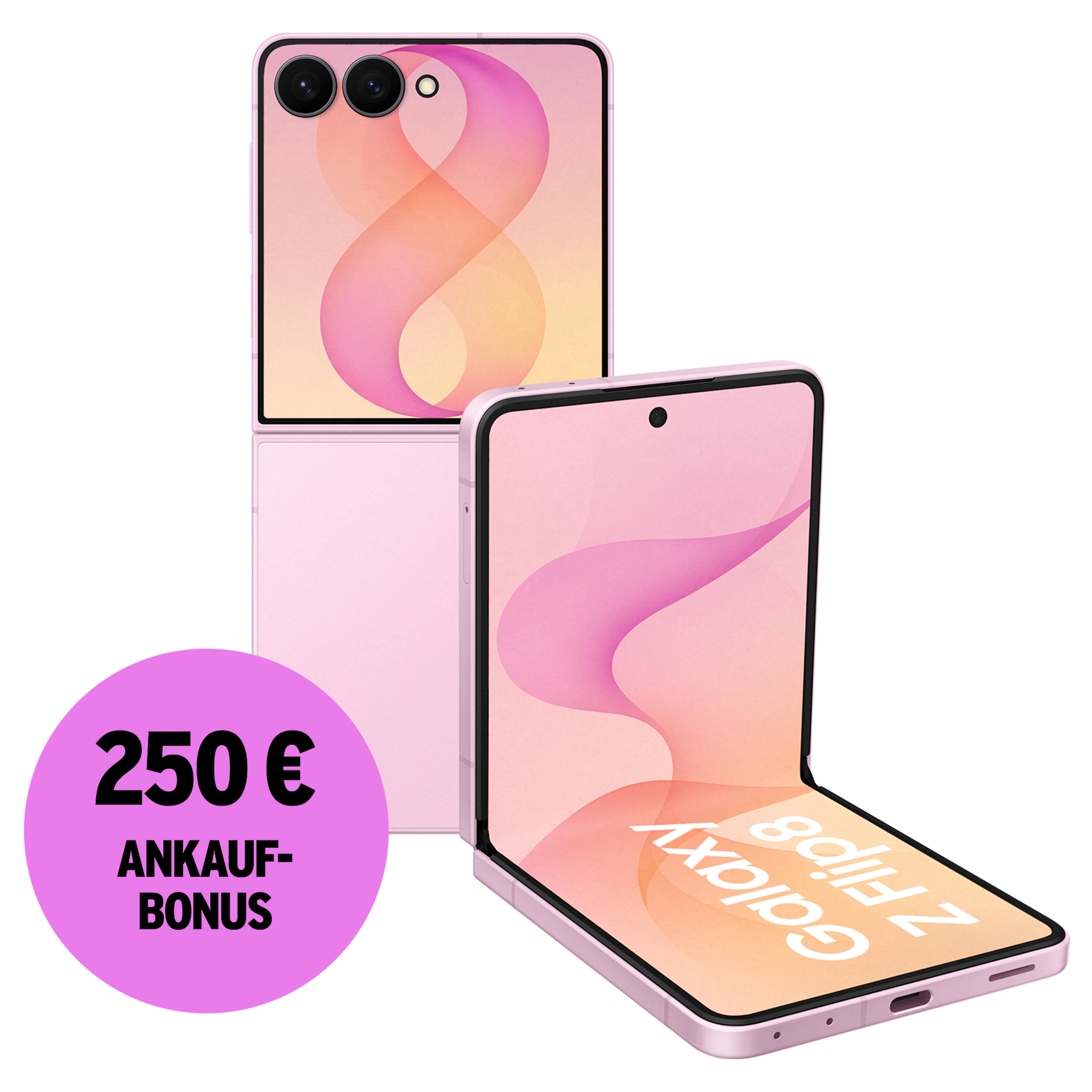 Rück- und Vorderansicht Samsung Galaxy Z Flip8 Pink. 250 € Ankaufbonus.
