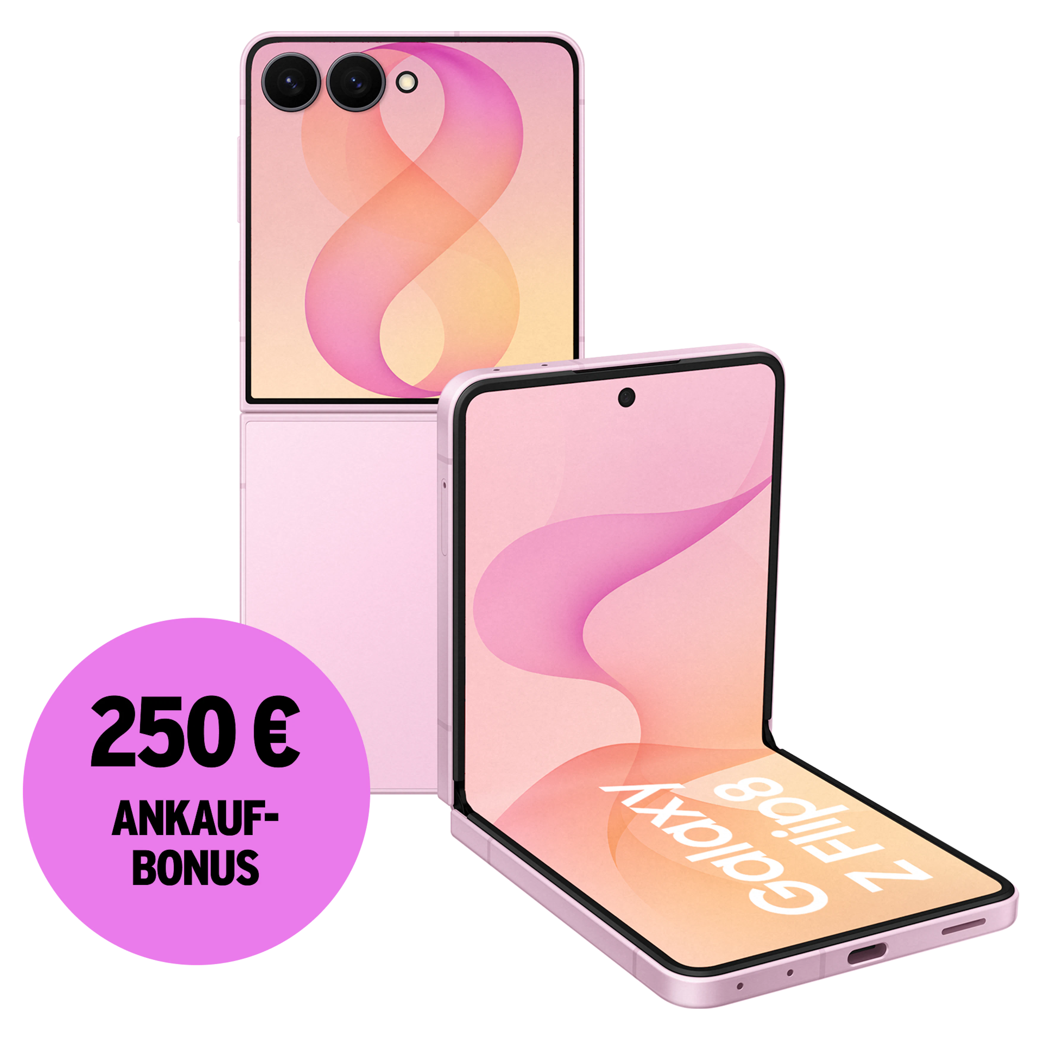 Rück- und Vorderansicht Samsung Galaxy Z Flip8 Pink. 250 € Ankaufbonus.