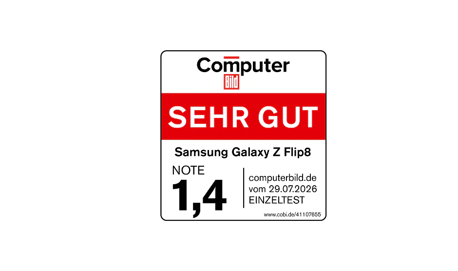 Testsiegel Computer Bild „Sehr gut", Note 1,4, für Samsung Galaxy Z Flip8, Einzeltest vom 29.07.2026.