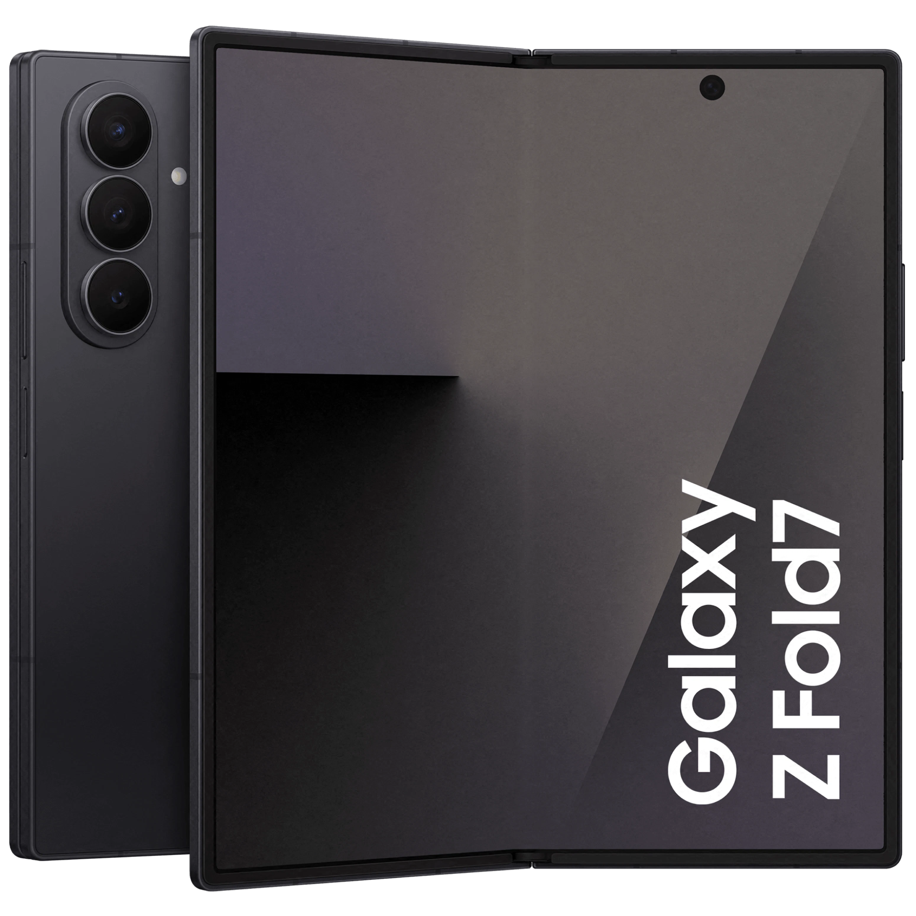 Rück- und geöffnete Vorderansicht Samsung Galaxy Z Fold7 Schwarz.