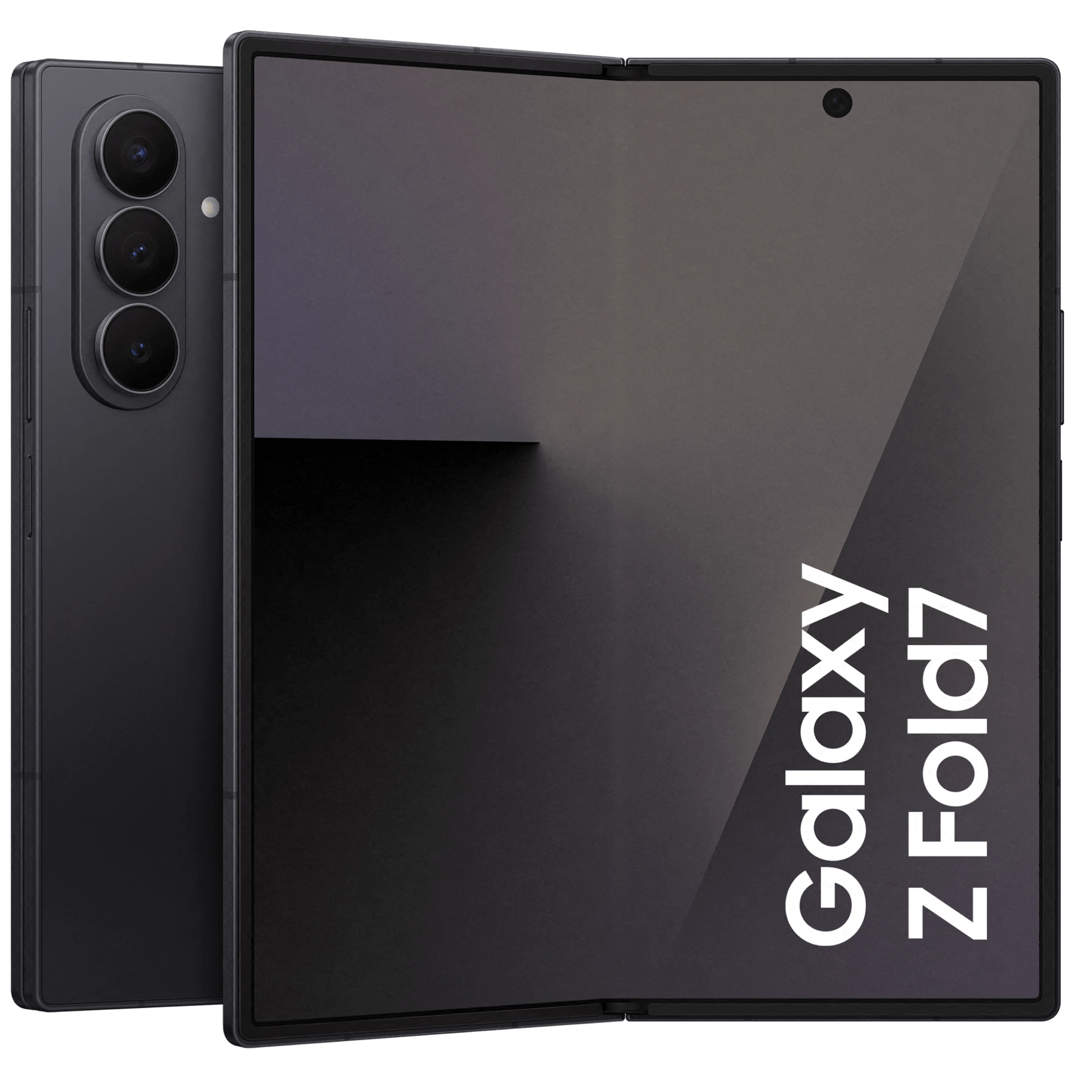Rück- und geöffnete Vorderansicht Samsung Galaxy Z Fold7 Schwarz. Rück- und geöffnete Vorderansicht Samsung Galaxy Z Fold7 Schwarz.