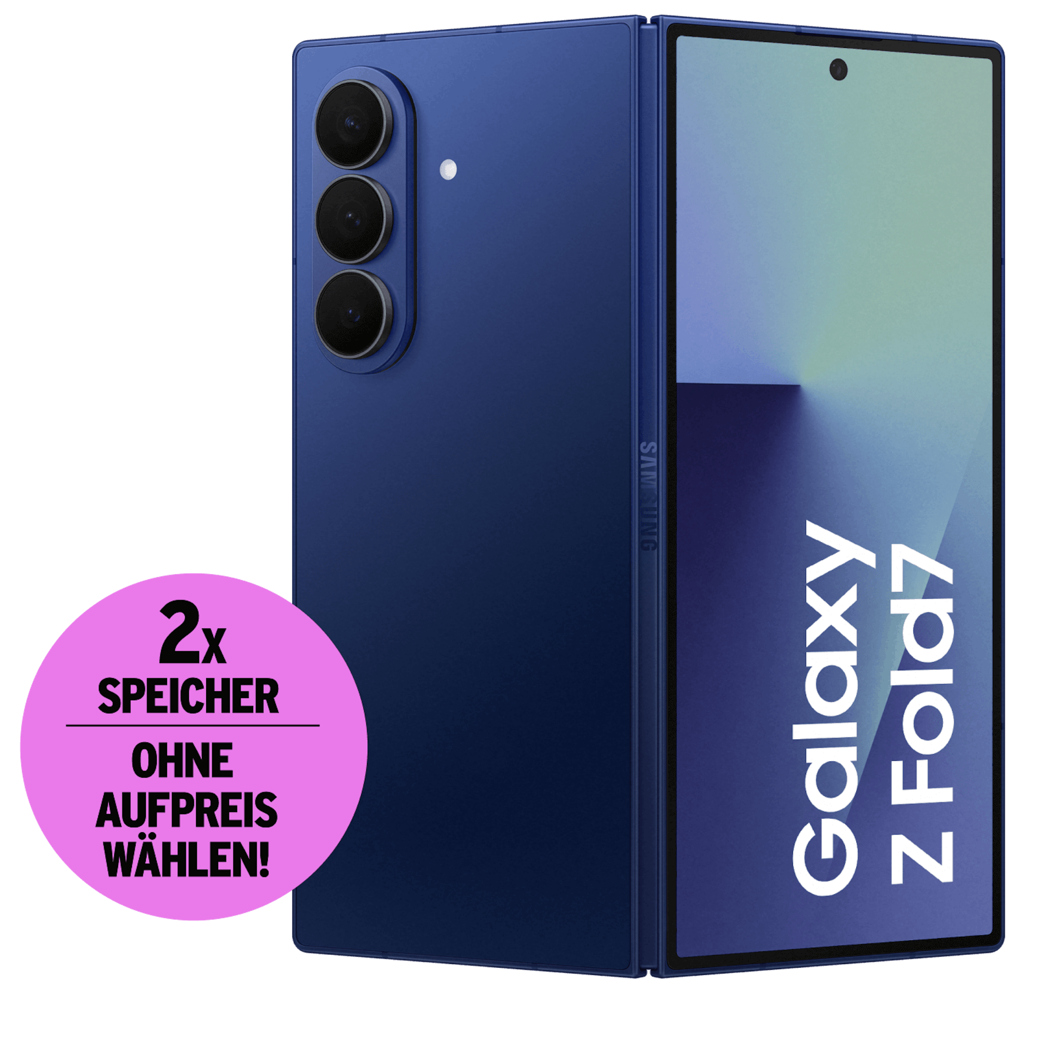 Highlight Bild vom Gerät Geöffnete Rückansicht Samsung Galaxy Z Fold7 Blau. Doppelten Speicher ohne Aufpreis sichern.
