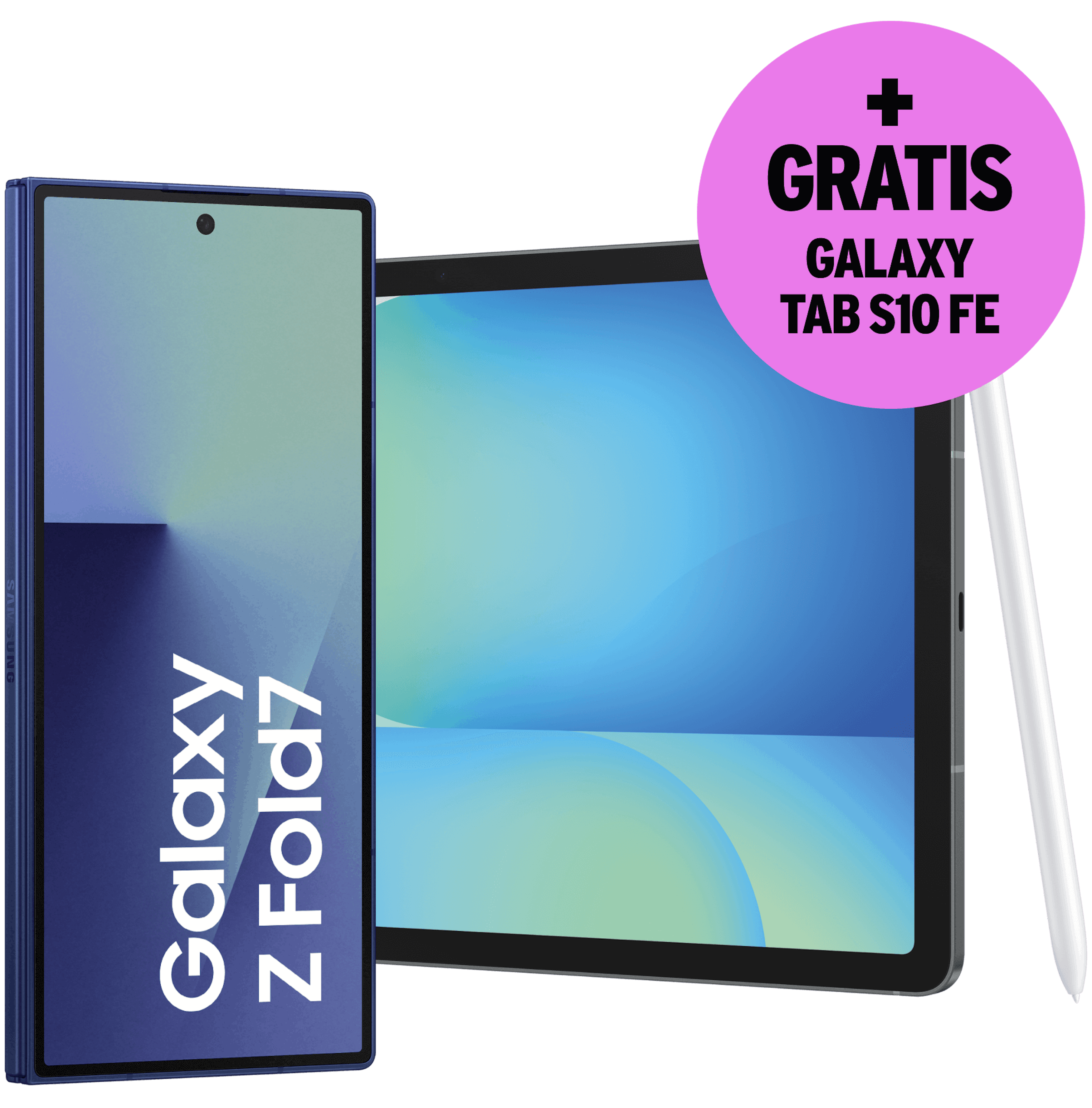 Geschlossene Vorderansicht Samsung Galaxy Z Fold7 + Gratis Galaxy Tab S10 FE.