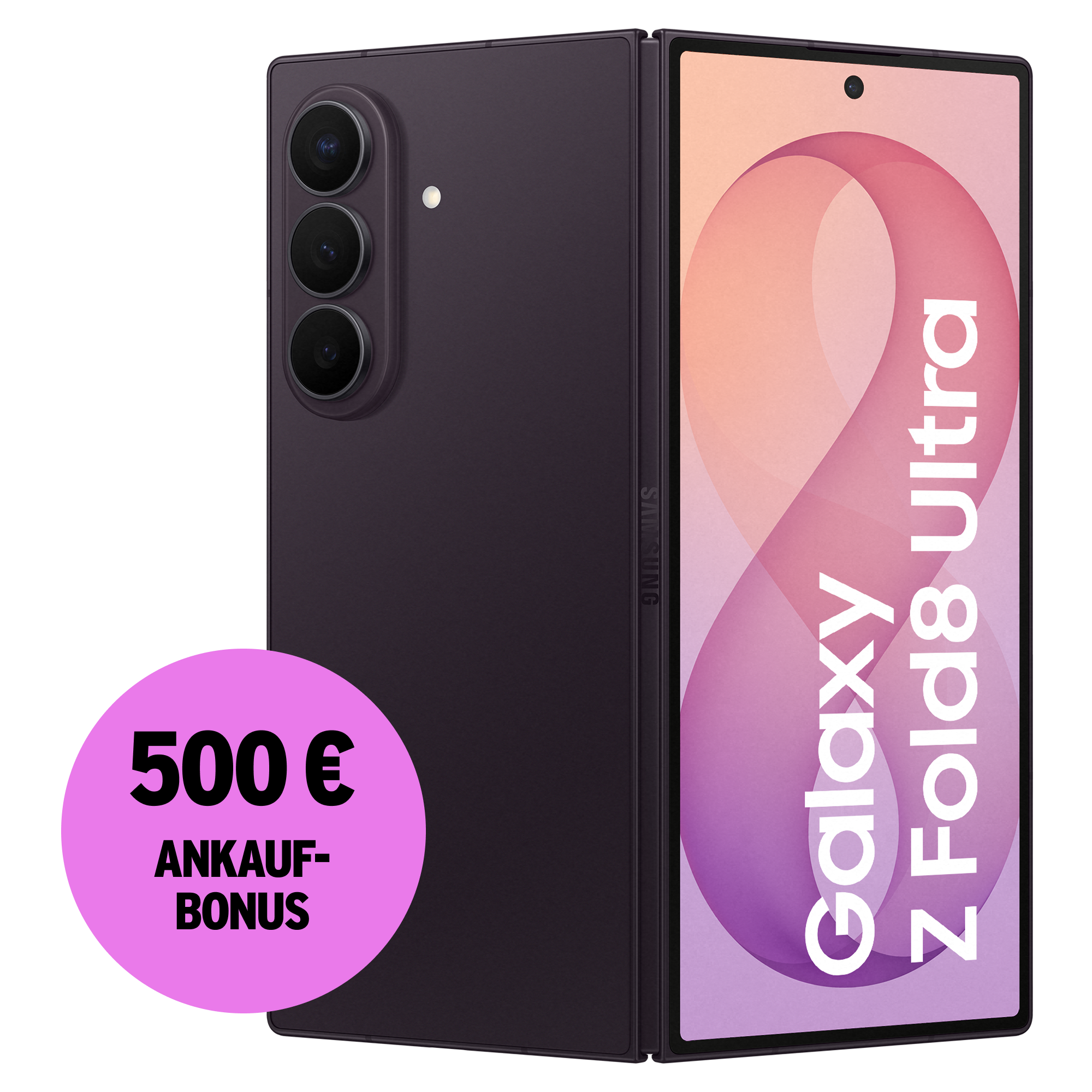 Rück- und Vorderansicht Samsung Galaxy Z Fold8 Ultra Violet Shadow. 500 € Ankaufbonus.