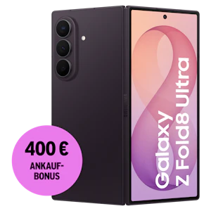 Rück- und Vorderansicht Samsung Galaxy Z Fold8 Ultra Violet Shadow. 400 € Ankaufbonus.