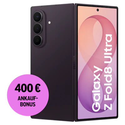 Rück- und Vorderansicht Samsung Galaxy Z Fold8 Ultra Violet Shadow. 400 € Ankaufbonus.
