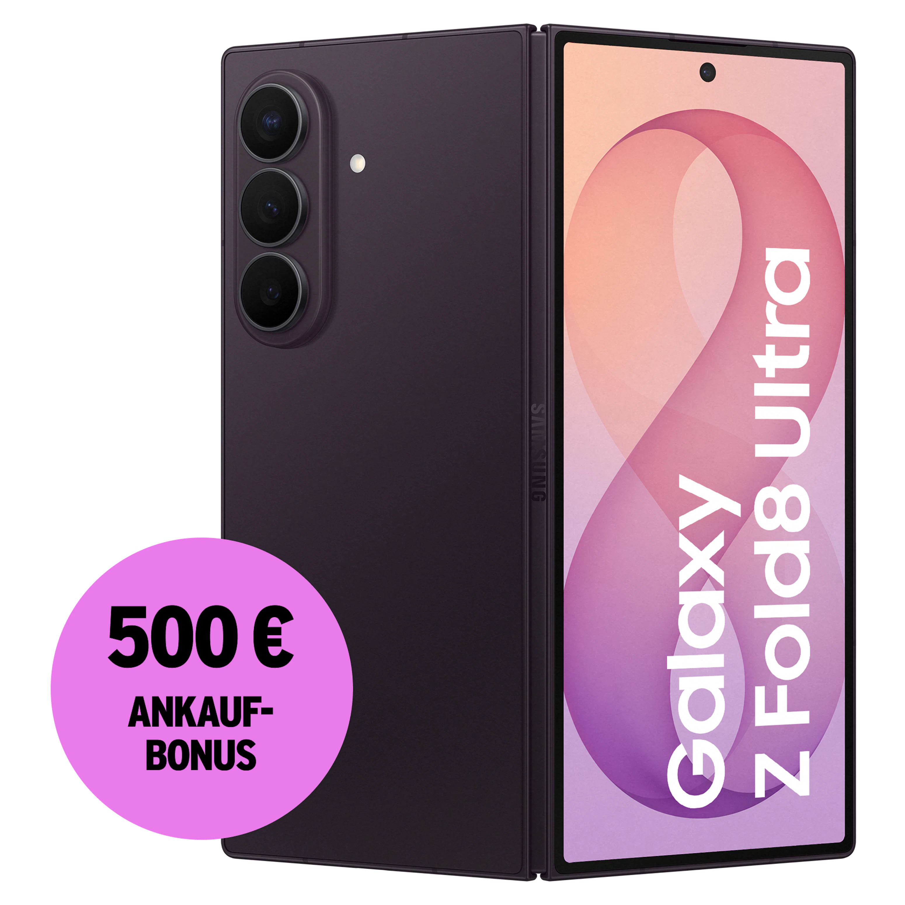 Rück- und Vorderansicht Samsung Galaxy Z Fold8 Ultra Violet Shadow. 500 € Ankaufbonus.